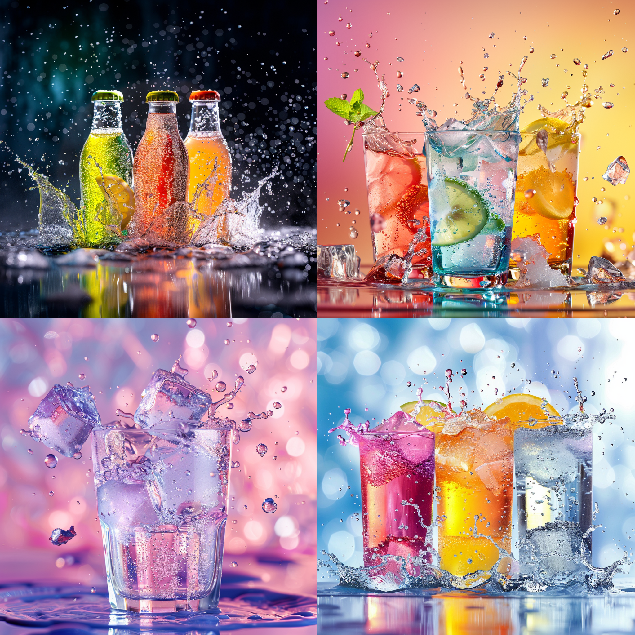 娃哈哈饮料产品效果图，动感冰霜，炫酷氛围，多种口味展示，清爽冷色调，高对比度，正面布局，微距镜头，透明玻璃杯，冰块飞溅，水珠滴落，清新活力。