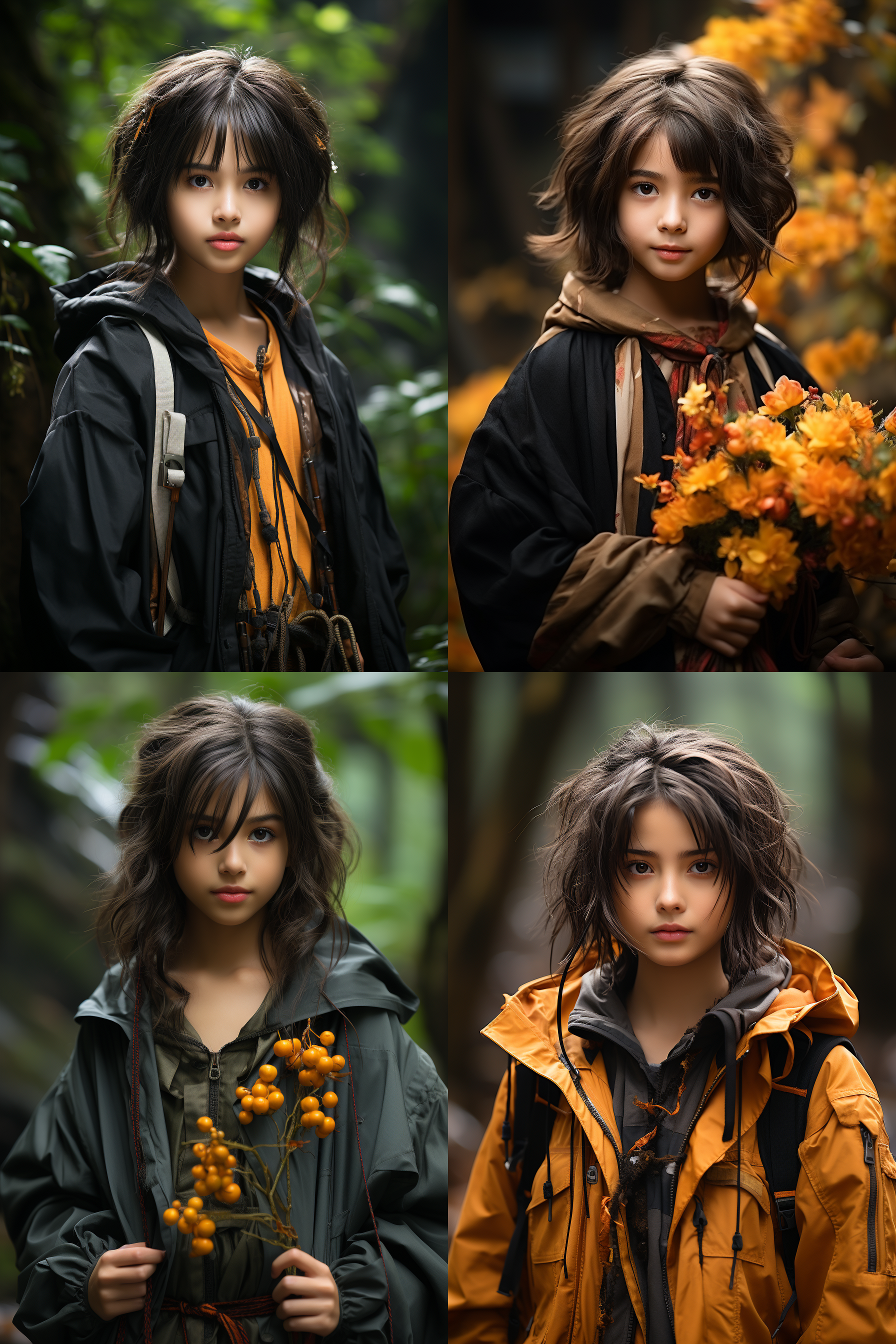 12-year-old chinese short haired girl, portrait shot, maple forest background,,in clothes