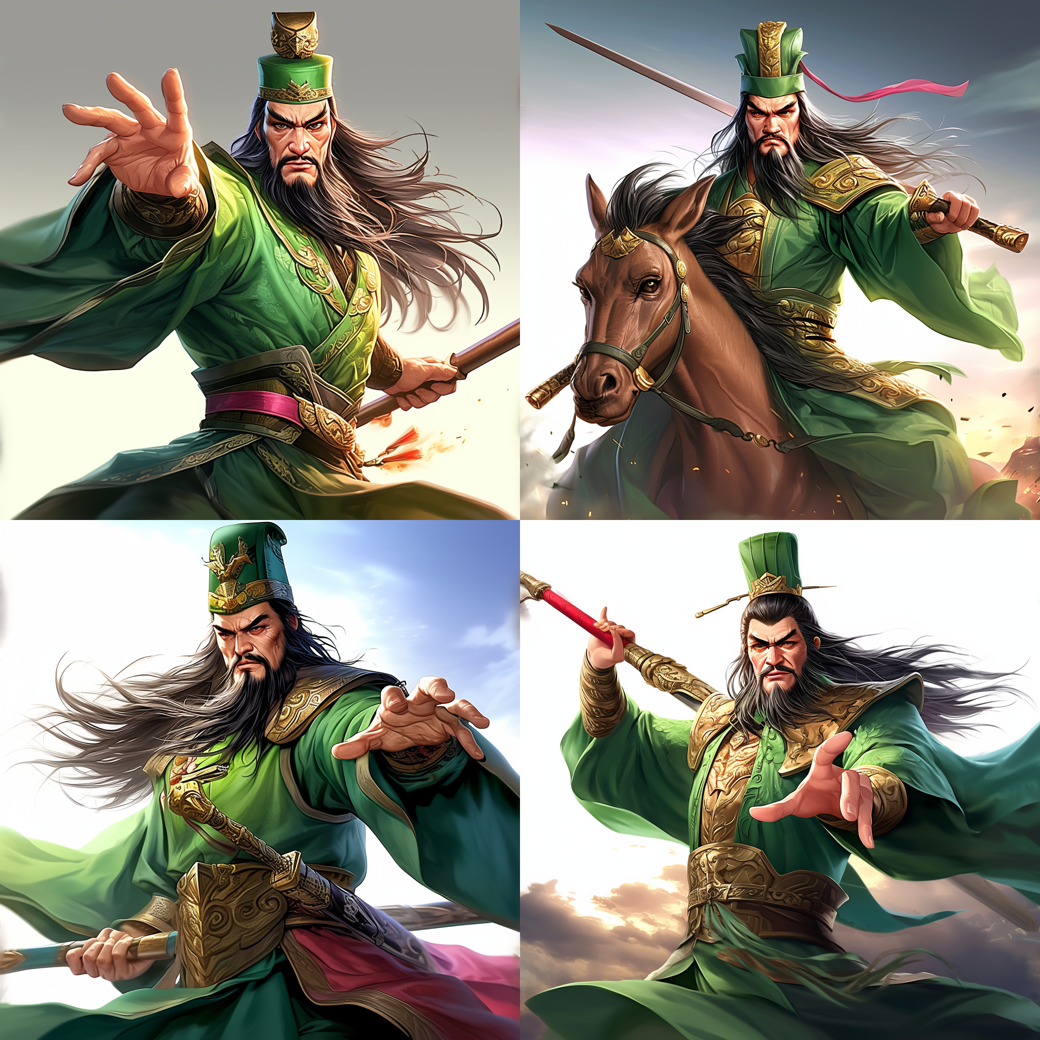 关羽身着绿色战袍，金色铠甲，骑的是雄性长颈鹿。右手握长柄偃月刀，左手托着金元宝，目光坚定。他不胖不瘦，大概30岁。威严，力量，决心。史诗风格，暖色调，全景视角，逆光，动作凝固，古代战士，英雄。