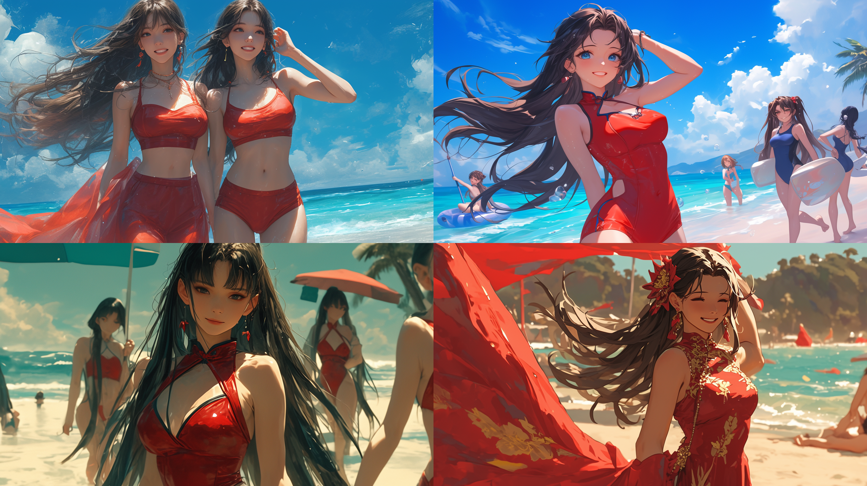 中国美女穿着红色泳衣，站在沙滩上，长发飘逸，黑发亮丽，微笑着，幸福快乐，大场景，明亮温暖的色彩，远摄镜头，自然光线，静态，优雅。