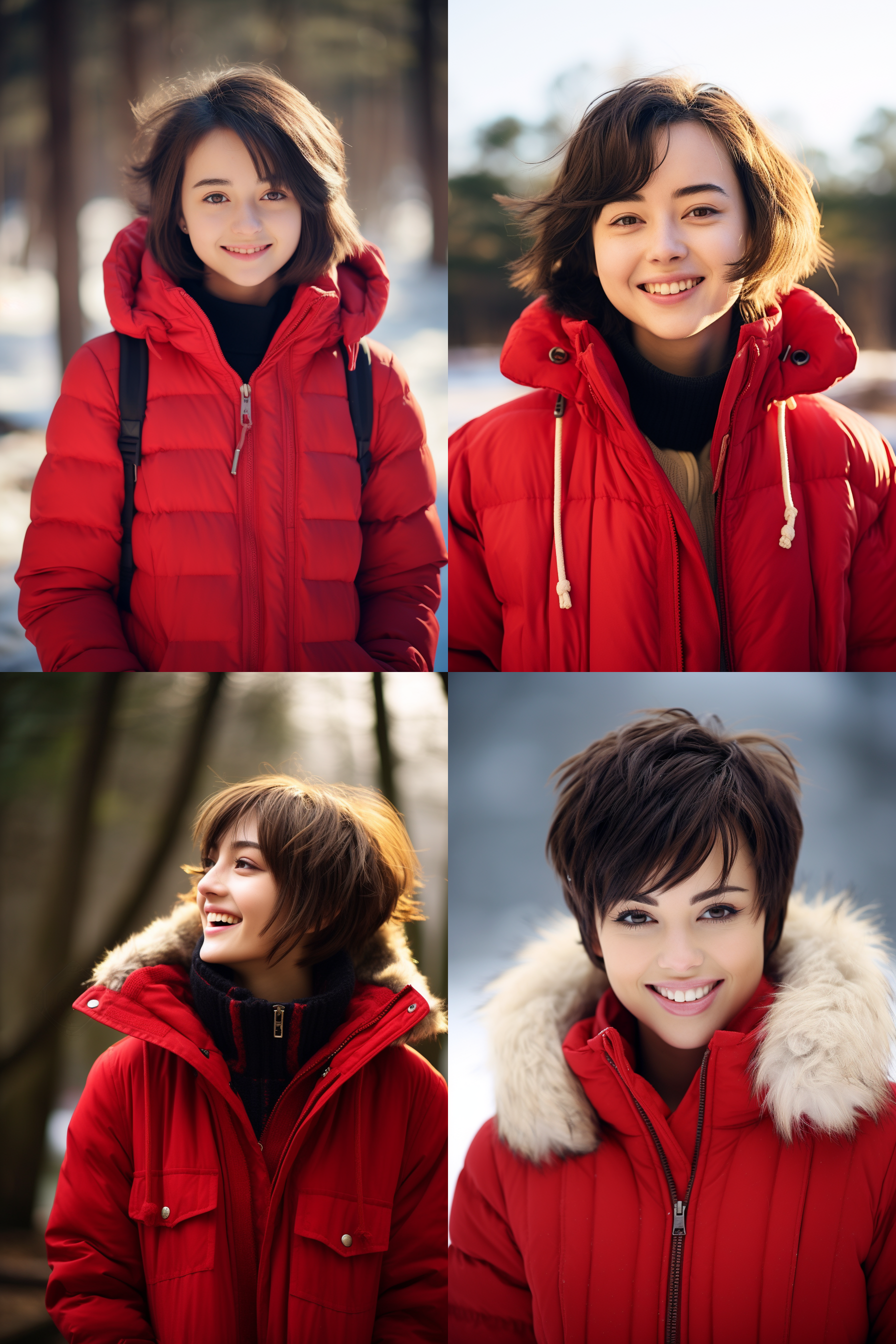 中国女孩短发人像，冬季户外，明亮环境，超高清摄影图 女孩短发，冬季户外，明亮环境，超高清，自然光，温暖色调，微笑，清晰焦距，自然肖像，红色外套，轻松愉悦。