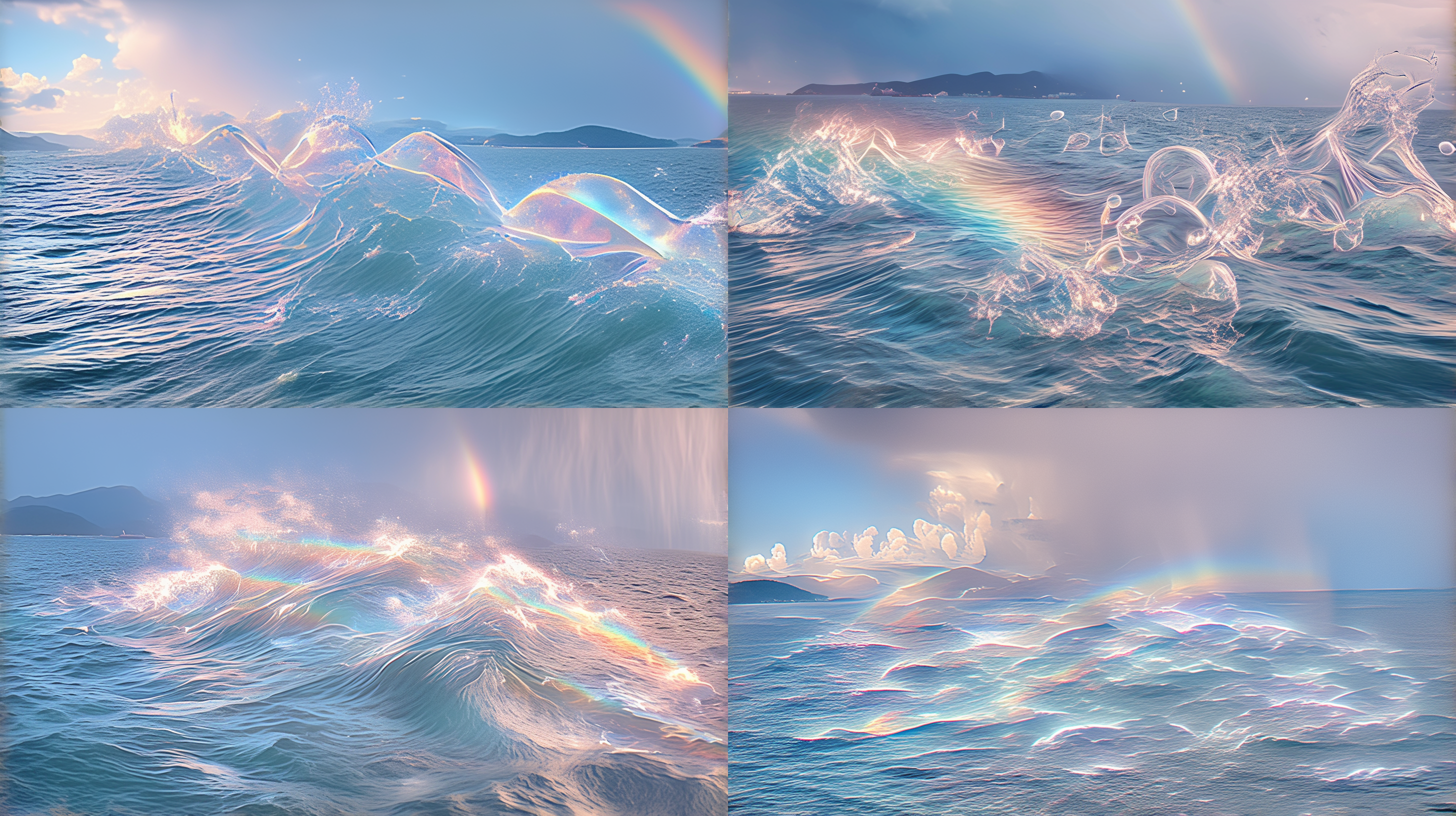 梦幻般的大海，一条完整的彩虹，海面朦胧梦幻唯美，高质量，hdr远景