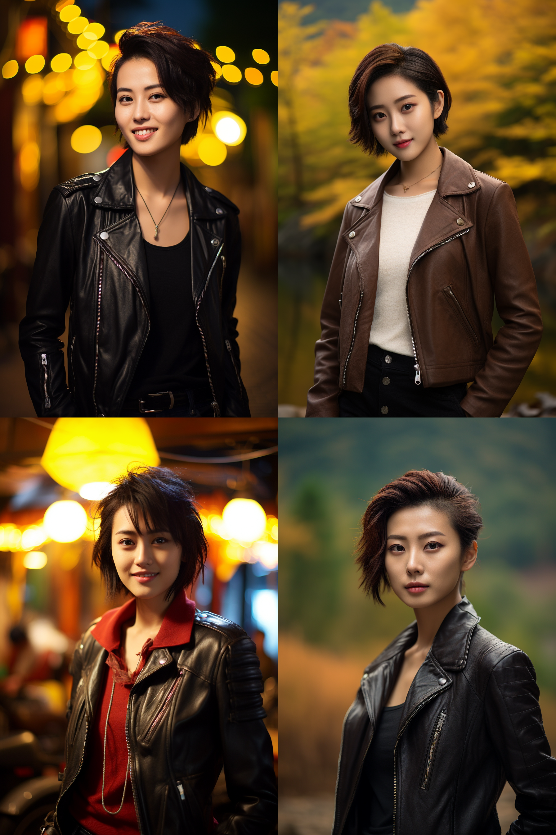 中国短发女孩，穿皮衣，明亮光线，摄影图 清新自然，户外风景，肖像模式，中焦镜头，微笑，自然姿态，色彩鲜艳，快门优先，放松自然