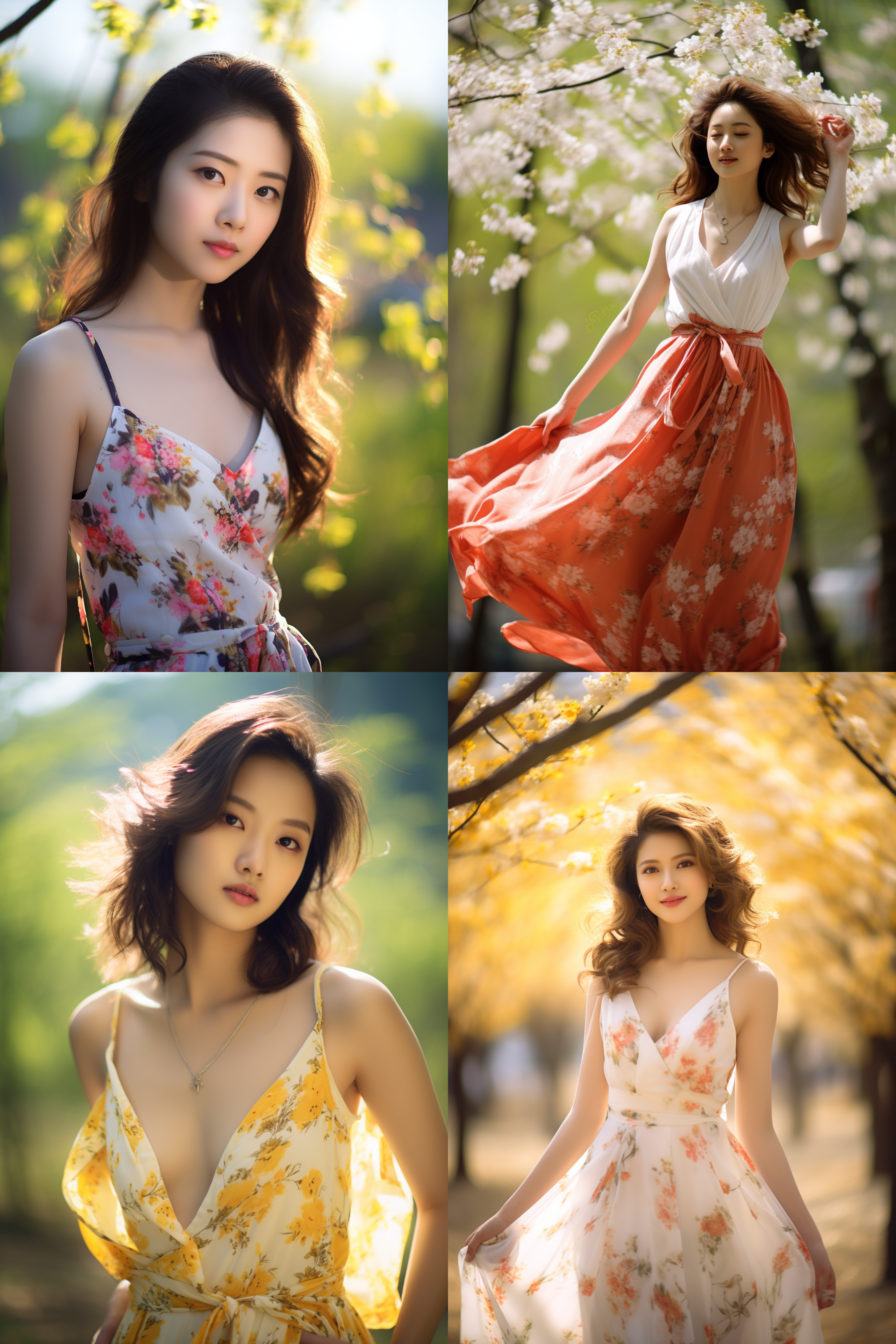 中国女孩，套裙服饰，春日摄影，明亮光线， 清新自然，户外风景，肖像模式，中焦镜头，自然姿态，