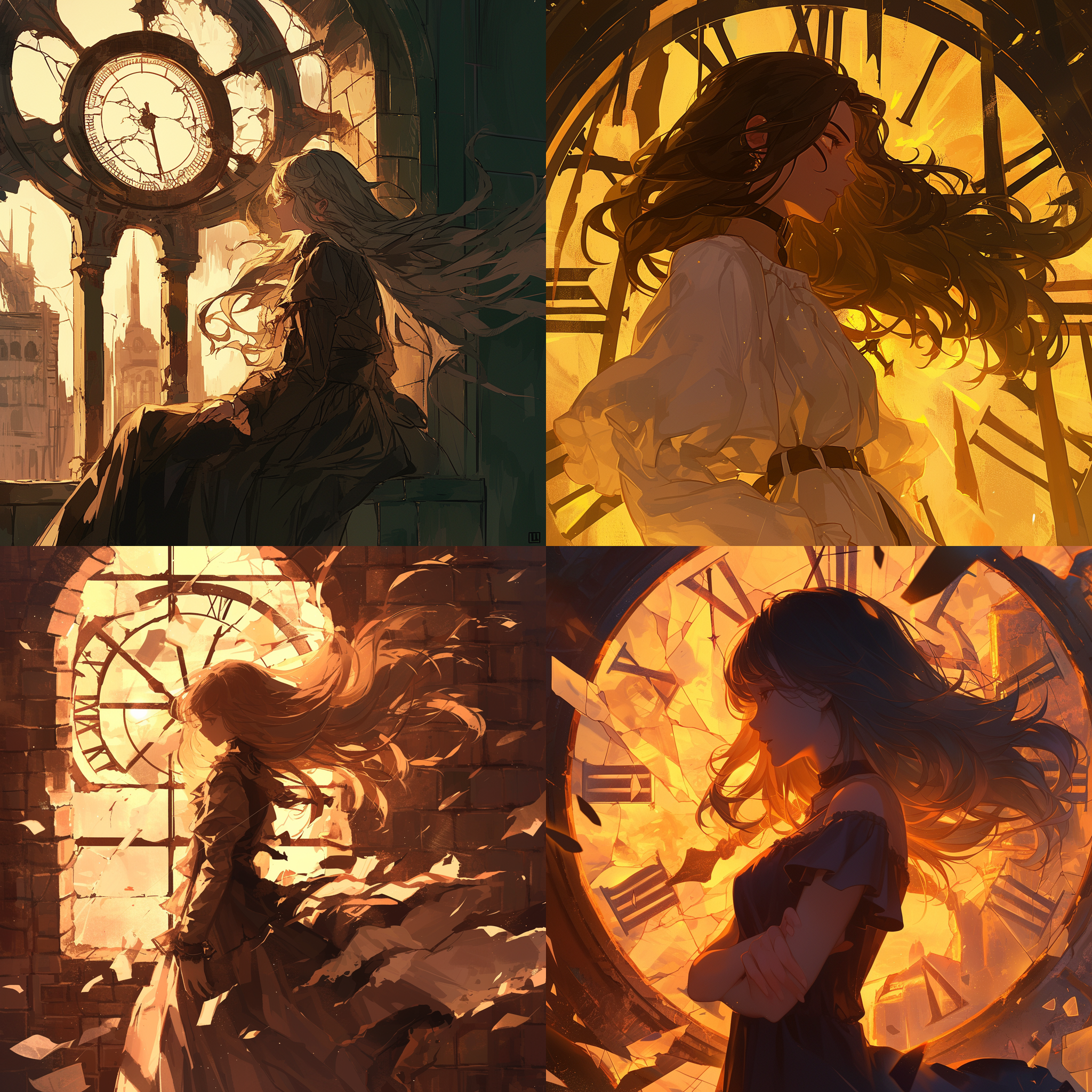 时间异能少女，废弃钟楼，长发飘逸，坚定眼神，日落余晖，朽烂墙壁，破碎钟表，暖色调，侧光，静态，高清晰度，垂直构图，情绪。