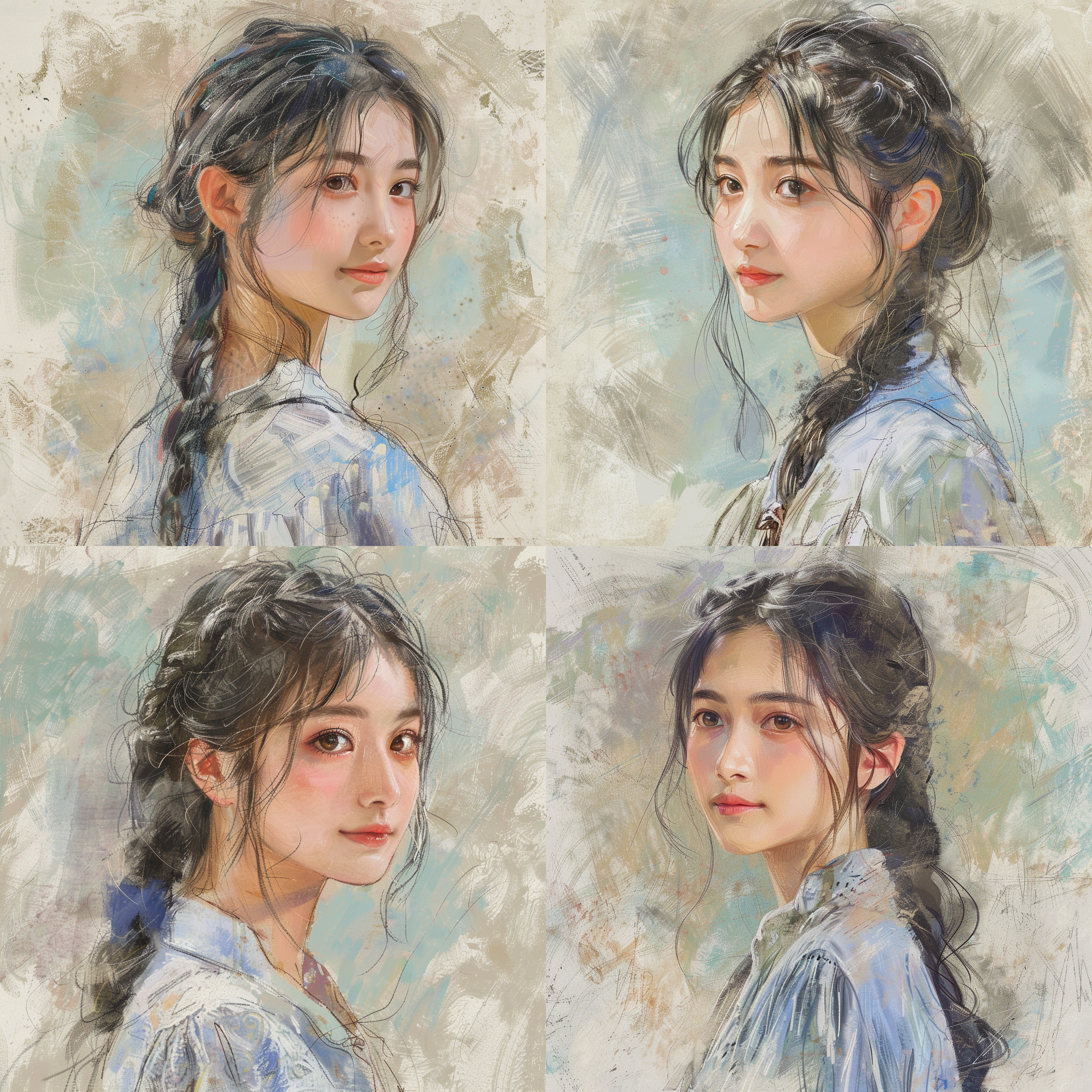 亚洲女青年素描人像，半身肖像，画风写实，线条细腻，五官比例协调完美