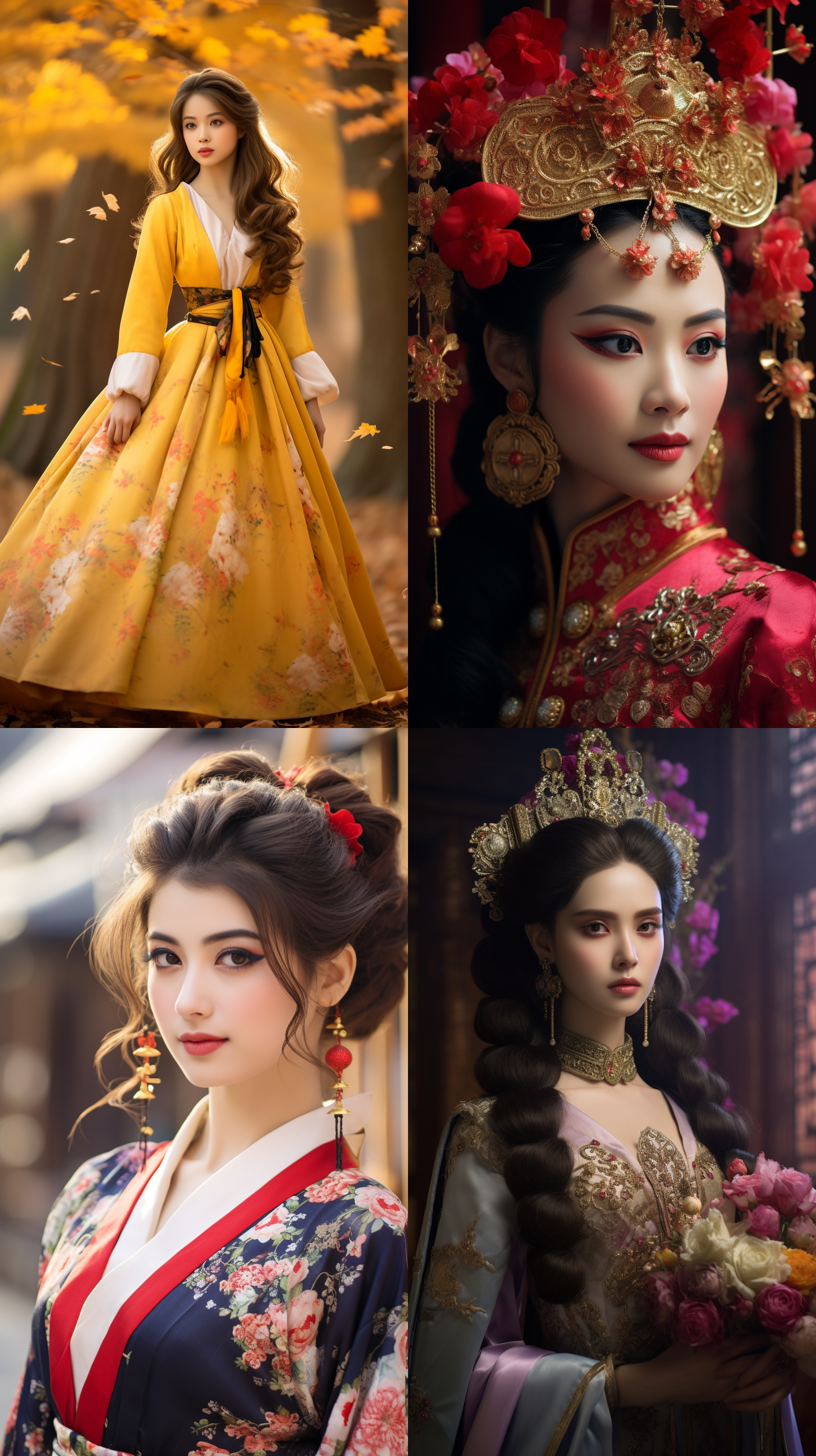 室外拍摄，明亮色调，中国模特穿着古典服装，侧面肖像，柔和光线，中焦镜头，端庄表情，优雅动作，传统元素，油画效果，温暖情感