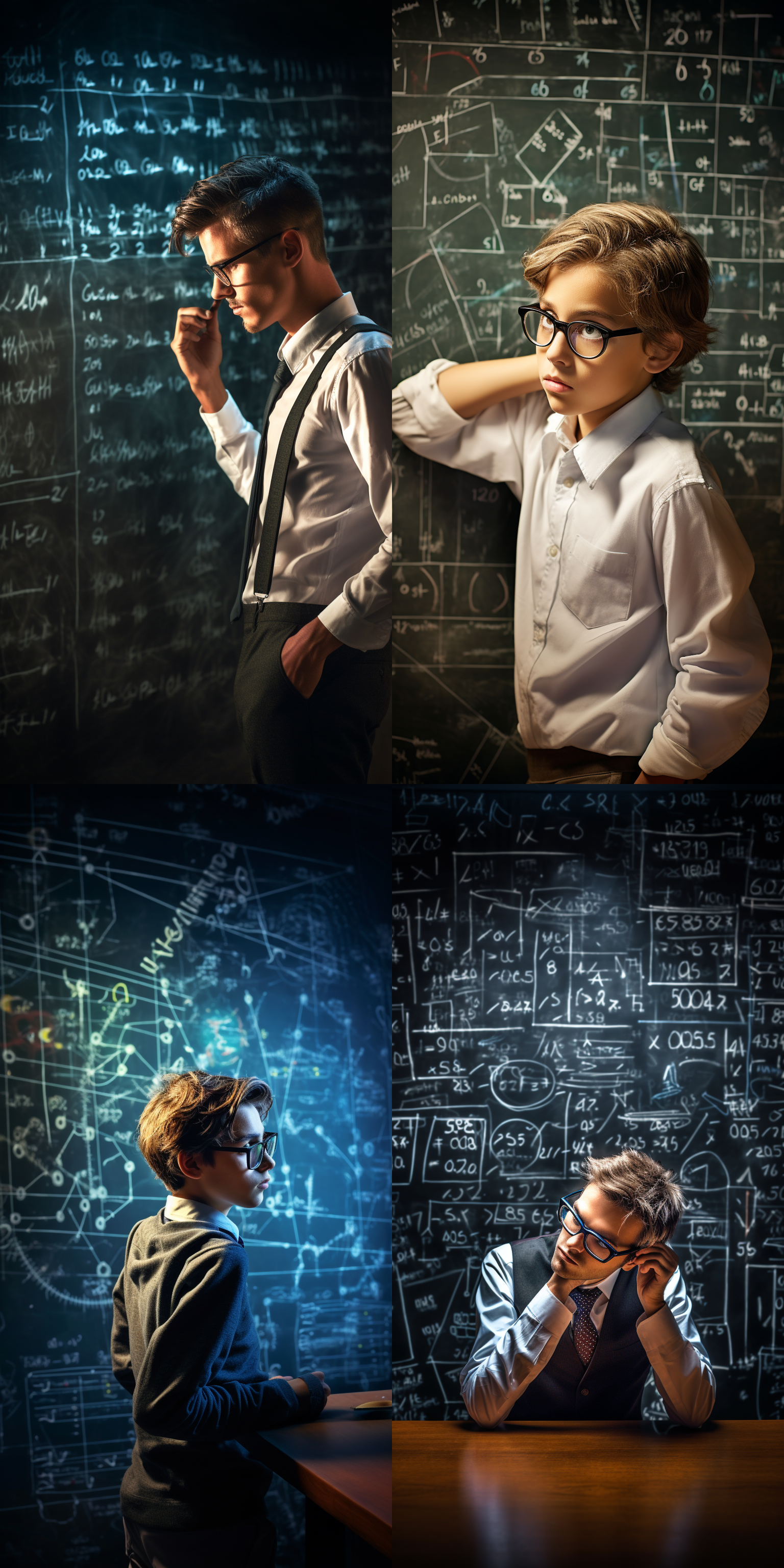 数学天才解世界上最难数学题，黑板前，集中，挑战，数学符号，白色衬衫，眼镜，高光，侧逆光，中景，冷色调。