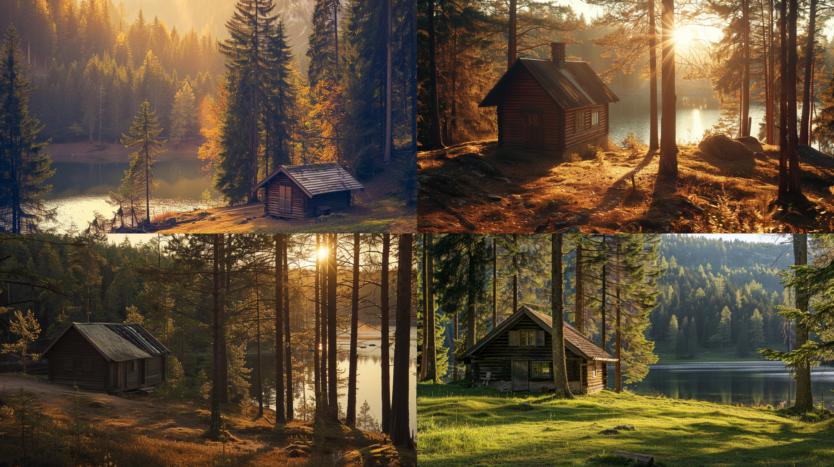 简陋木屋，松树林中，简陋，湖水远处，三分构图，温暖色调，广角镜头，阳光照射，静谧，自然，宁静。