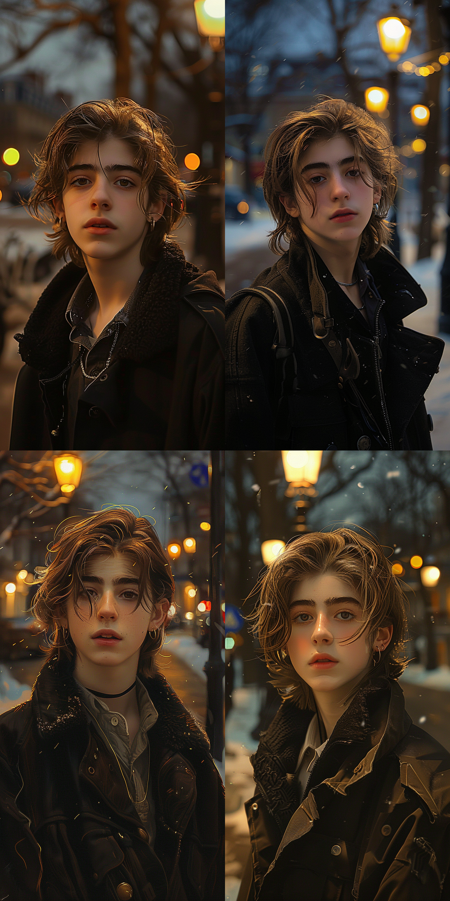 白人青年，清秀的脸，棕色的整齐头发，黑色毛呢风衣，背景沙俄时代的街道， 冬季，并列构图 七分身 黄昏