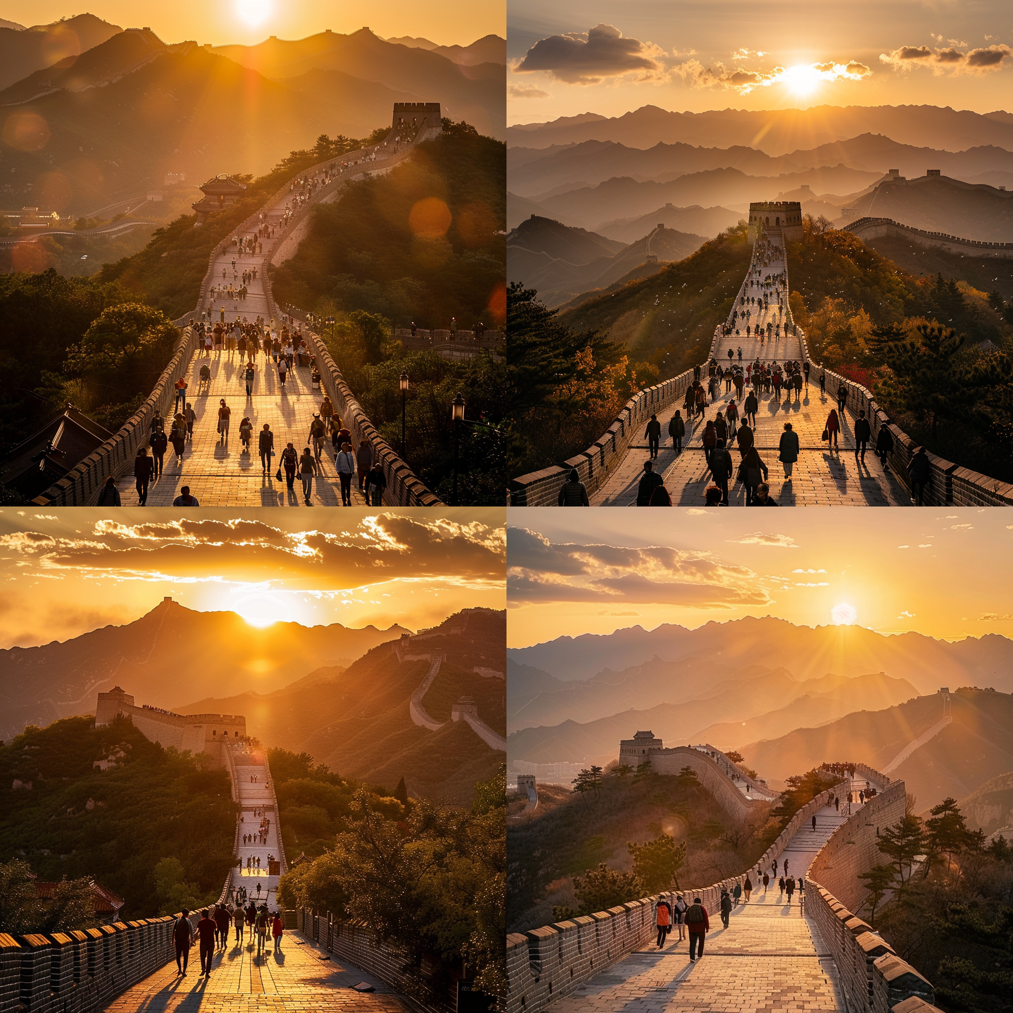八达岭长城，雄伟壮丽，山脉背景，金色日落，长焦镜头，对称构图，柔和侧光，人们行走，暖色调，激动。