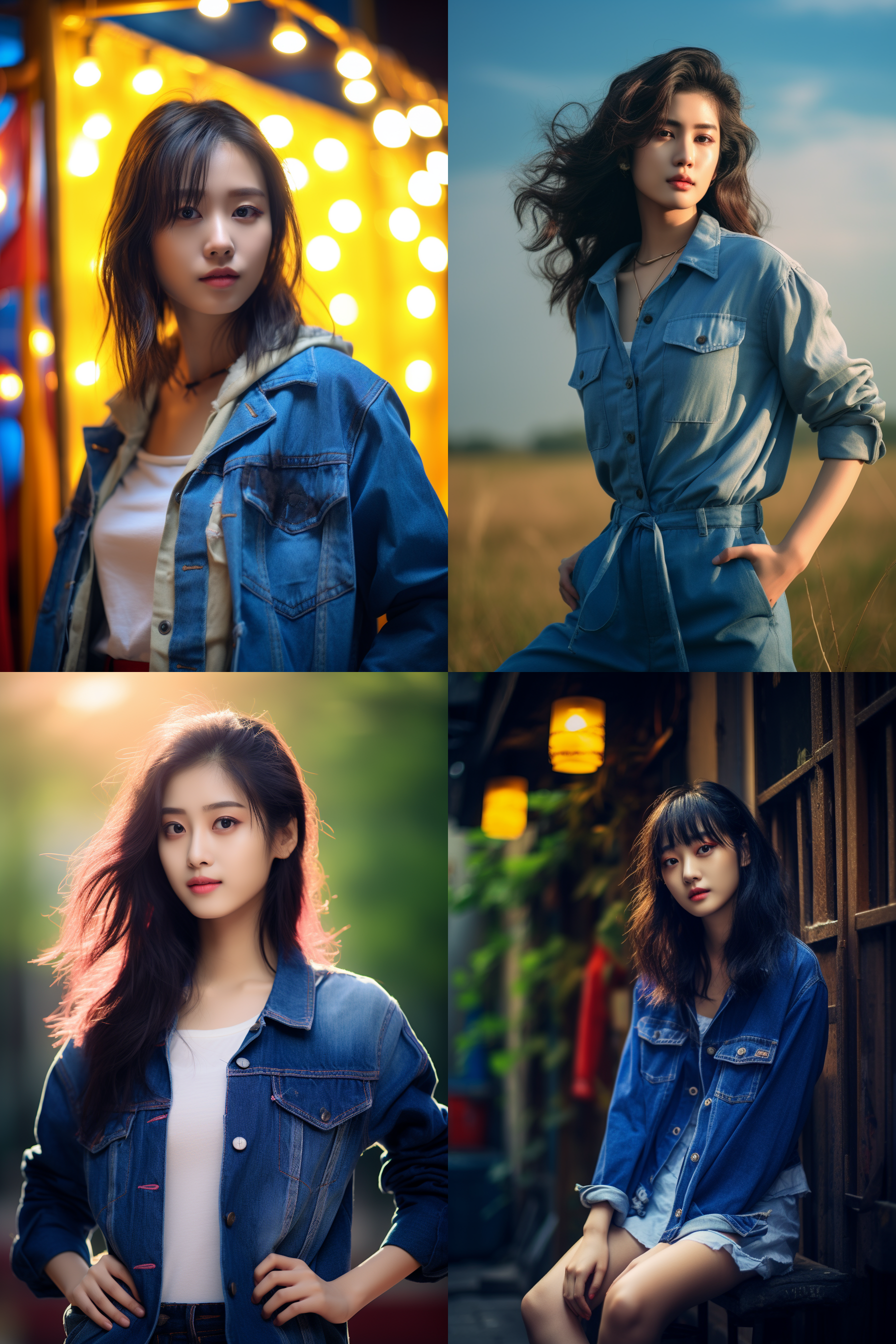中国女孩，牛仔服饰，明亮光线，摄影图 清新自然，户外风景，肖像模式，中焦镜头，自然姿态，色彩鲜艳，快门优先，放松自然