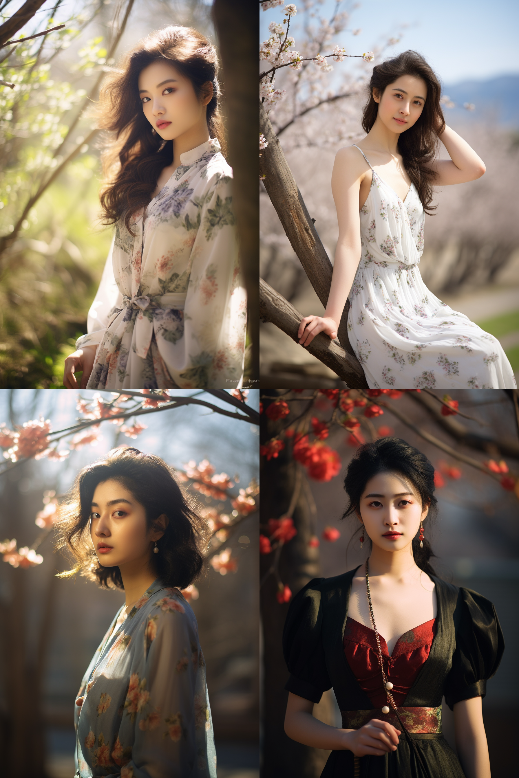 中国女孩，套裙服饰，春日摄影，明亮光线， 清新自然，户外风景，肖像模式，中焦镜头，自然姿态，