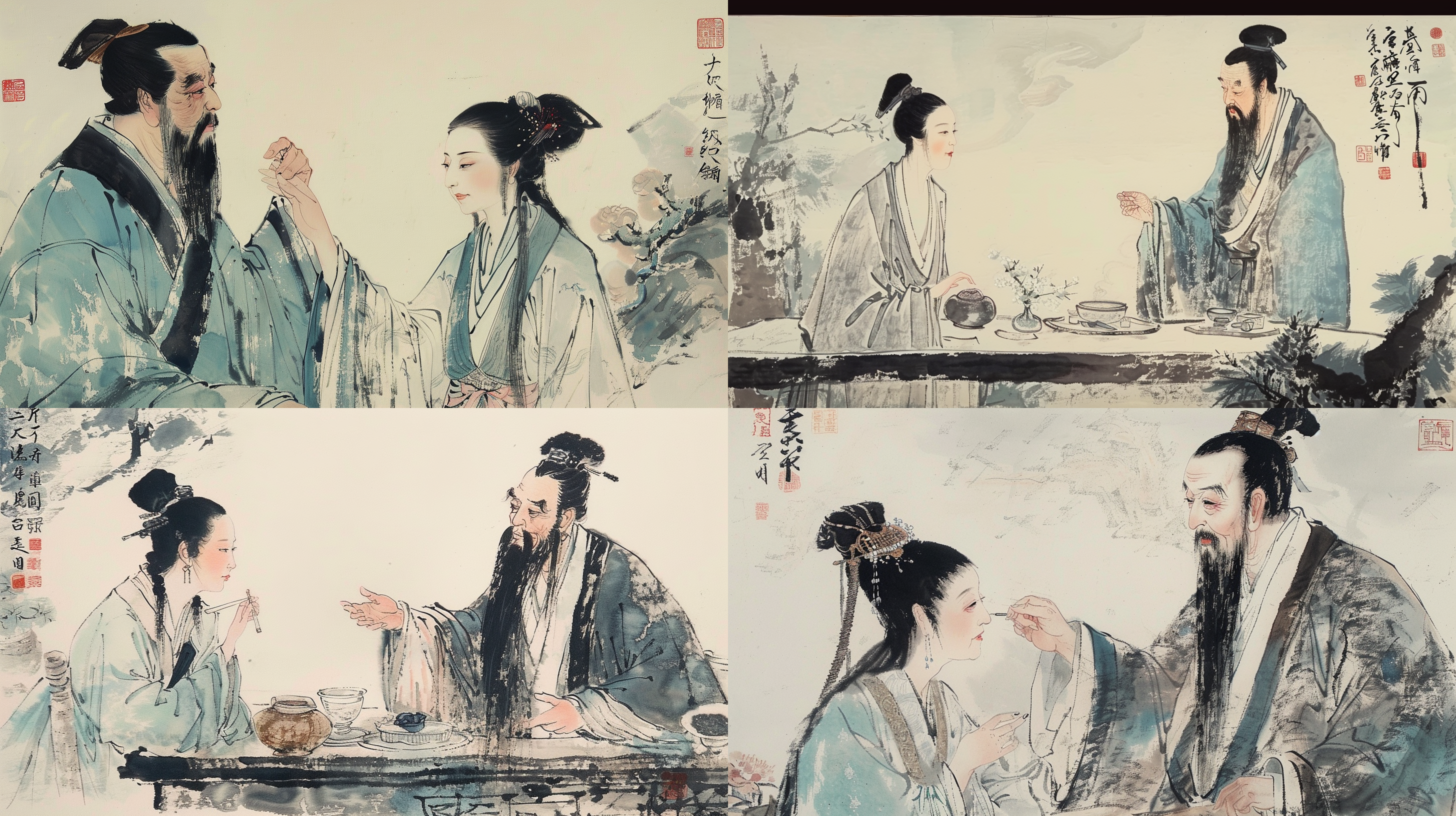 老中医为女患者会诊，2人站着，右手把脉，女生左手摸脸，场景在药馆，中医专注神情，古代服饰，干净背景，全景，q版插画，扁平插画，古典色调，细节描绘，肖像风格。