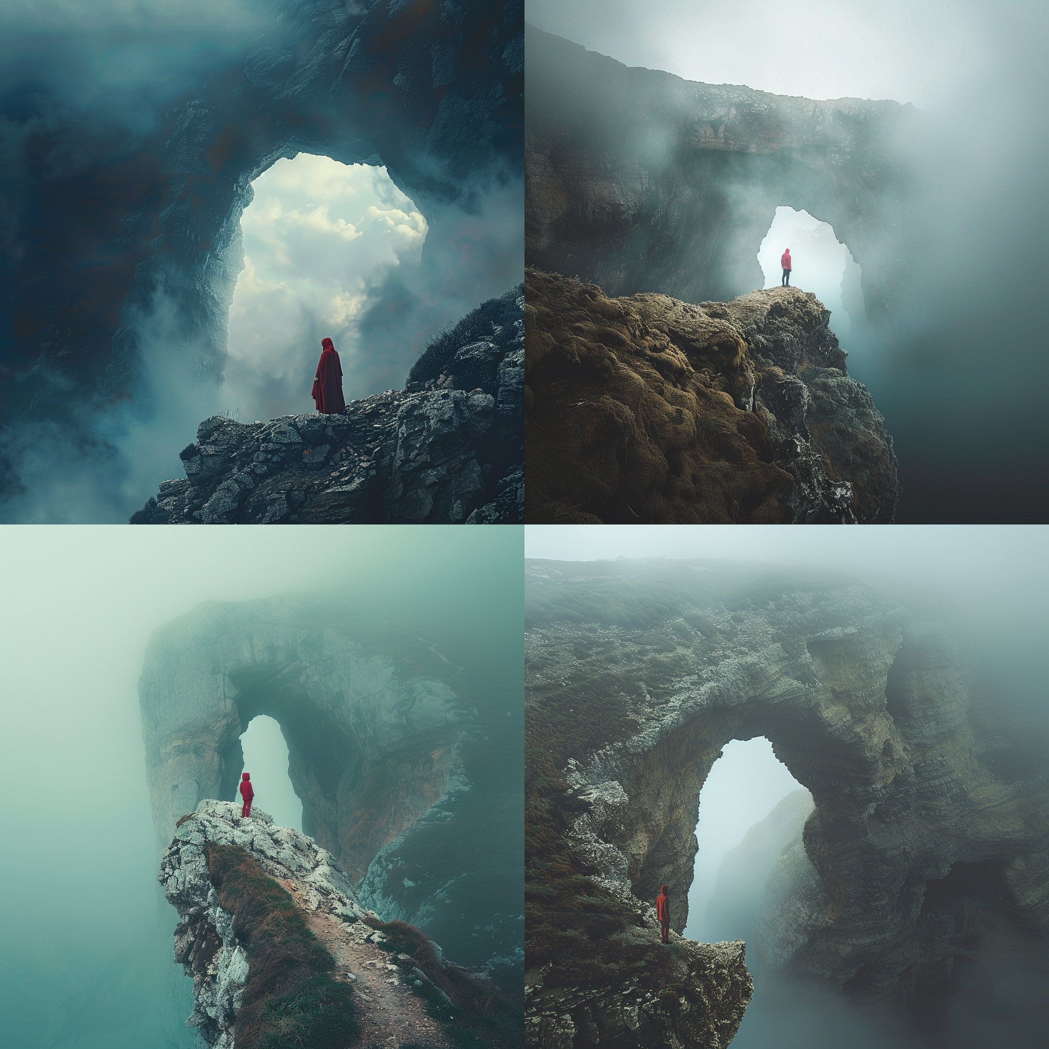 a man in red standing on a mountaintop, gazing into a cave in the clouds, morning light, morning fog, minimalism, 4:5 aspect ratio, original style, 200 stylized, true photographic sense, high definition, high quality, 500ps photographer, curiosity, epic.