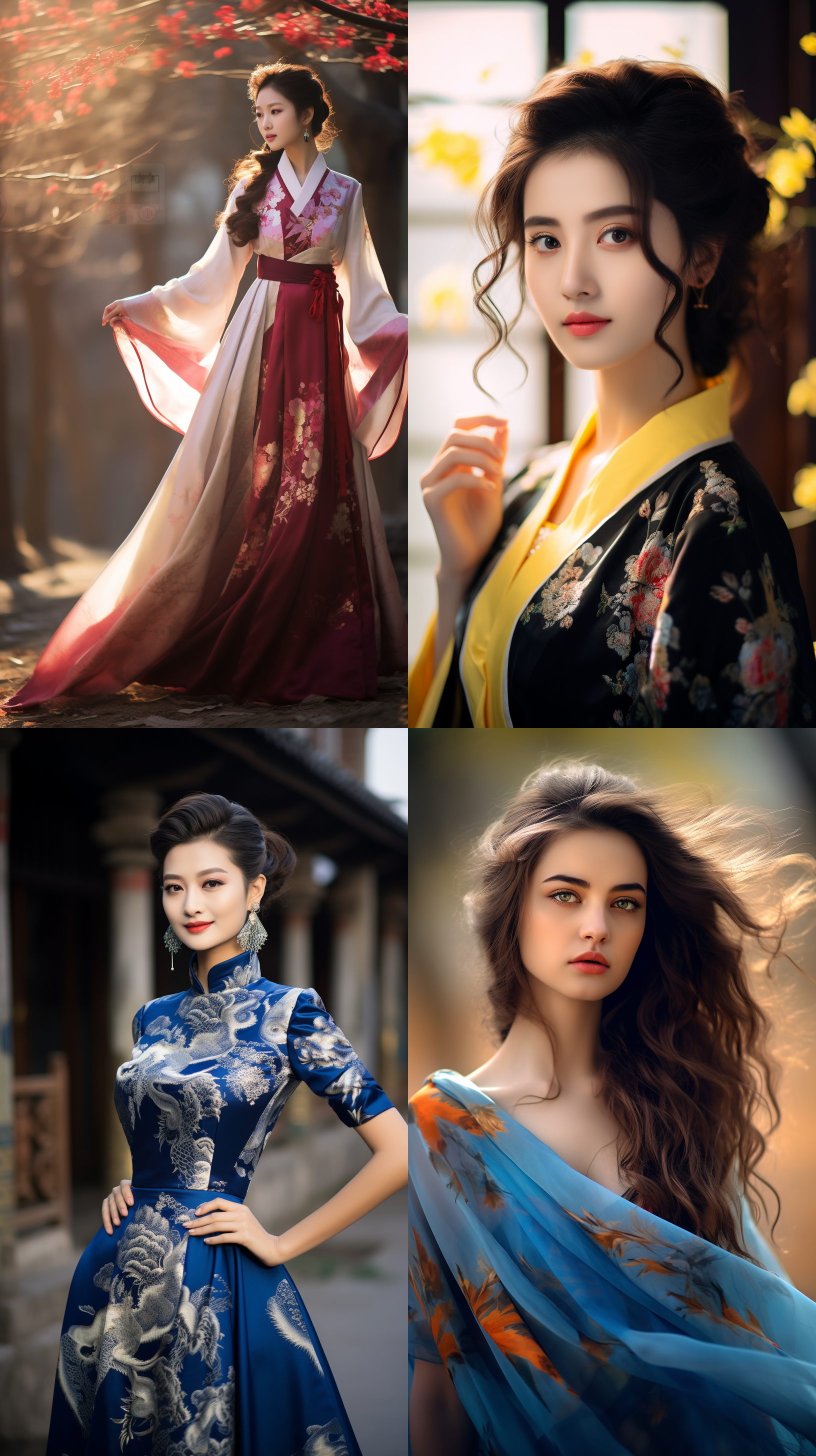 室外拍摄，明亮色调，中国模特穿着古典服装，侧面肖像，柔和光线，中焦镜头，端庄表情，优雅动作，传统元素，油画效果，温暖情感