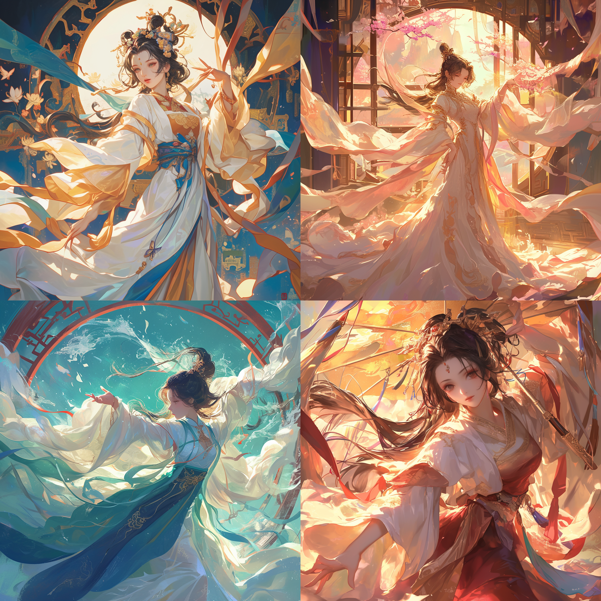 中国风画风，神仙般女子，穿着云裳，镜台前舞蹈，色彩绚丽，古典风格，仙气十足，表达情感，富有表现力。