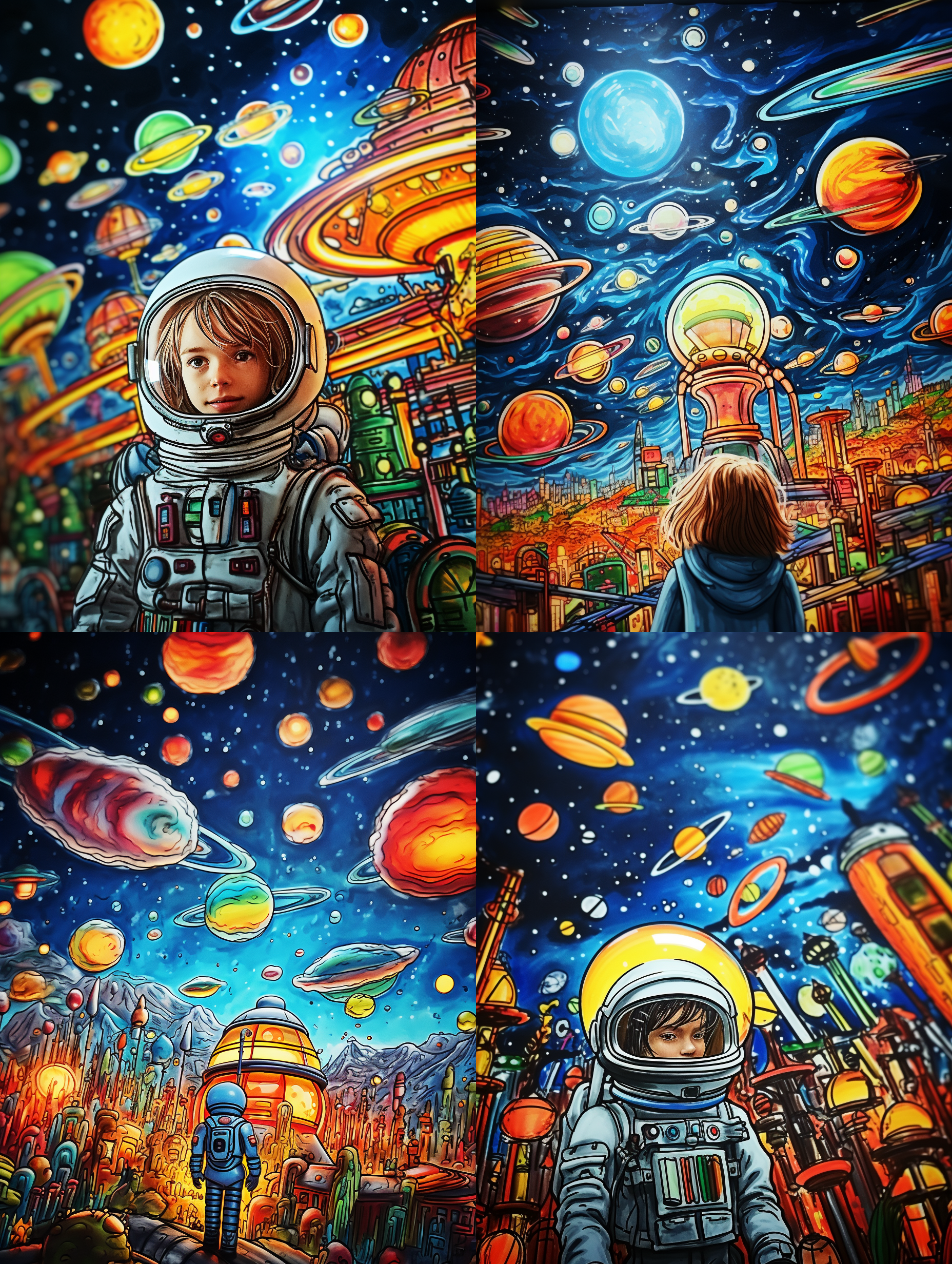 小女孩站在宽阔的草地上，仰望着无边无际的星空。她身穿明亮色彩的太空服，带着期待和好奇的表情。画面以对角线构图，使用广角镜头展现开阔的天空和宇宙的浩瀚。明亮的色调和柔和的光线增强了未来科技的感觉。太空航天卫星在天空中划过，给人一种充满希望和梦想的感觉。