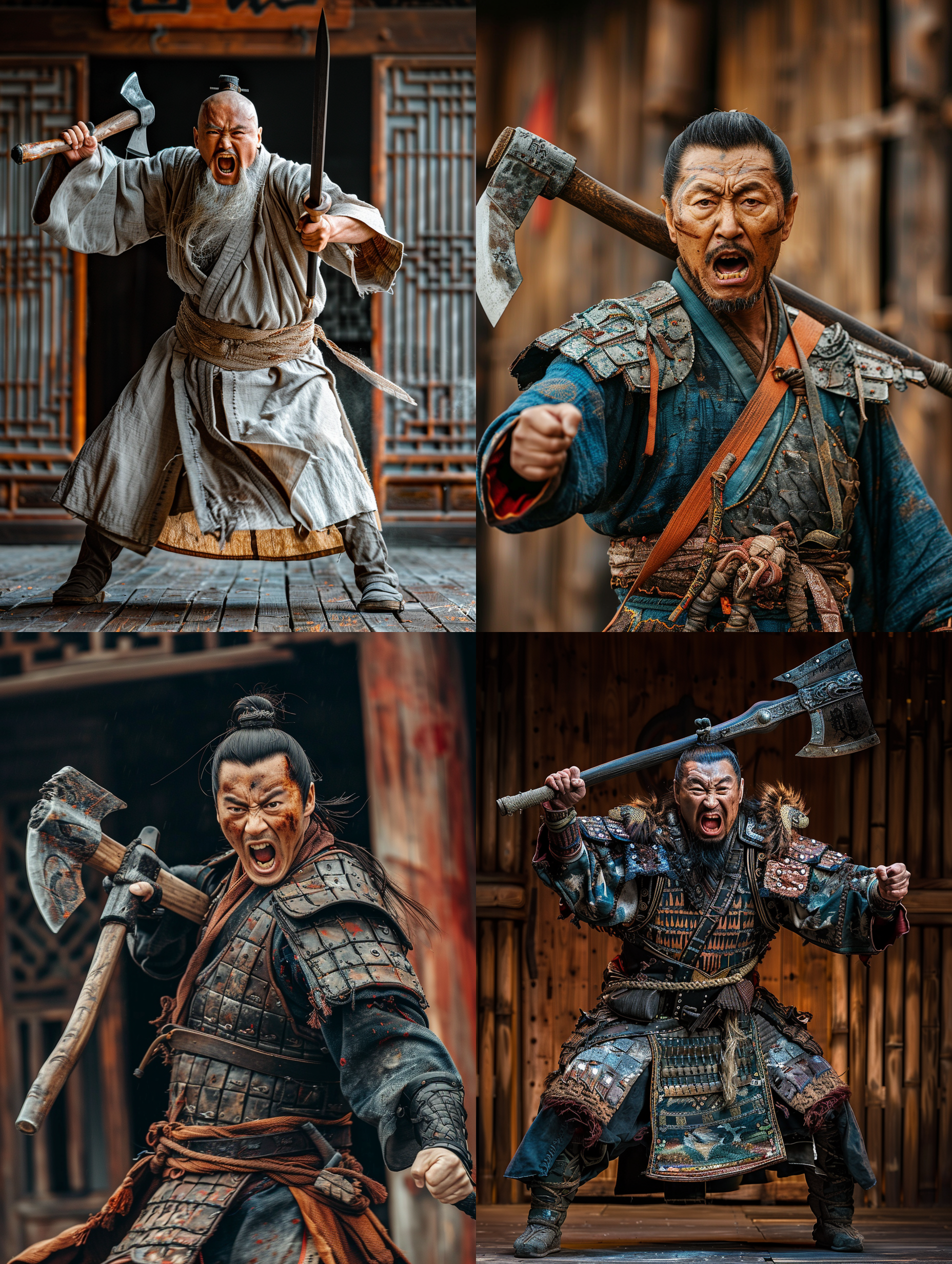 李逵全身照，站立姿势，双手握斧头，张嘴，高清8k，水浒传任务，动作刚毅，高对比度，传统风格，木质背景，中焦距镜头，暖色调，自然光线，力量感。
