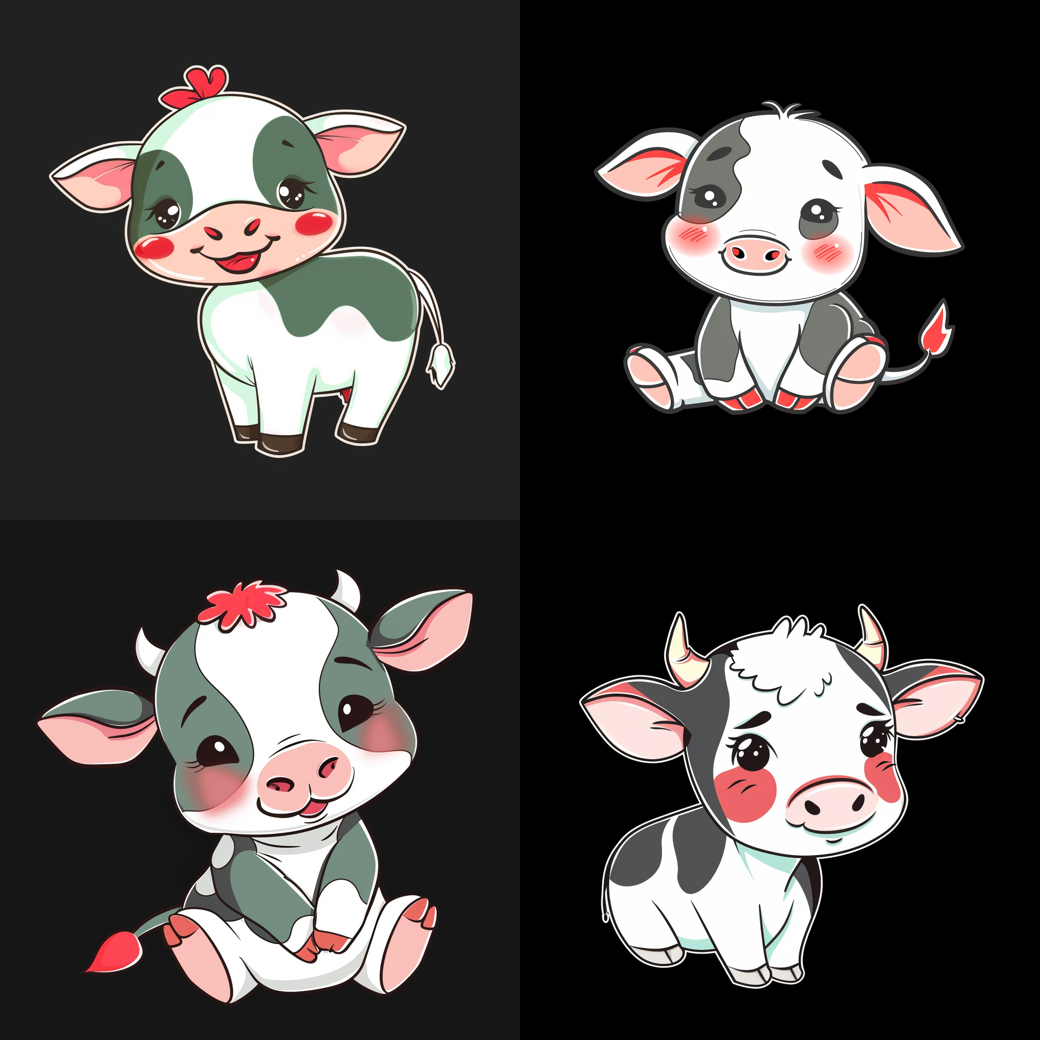 奶牛图标设计，扁平风格，牛奶主题，简约ui，2d插图，简单细节，黑白配色，抽象形状，清晰线条，现代风格。