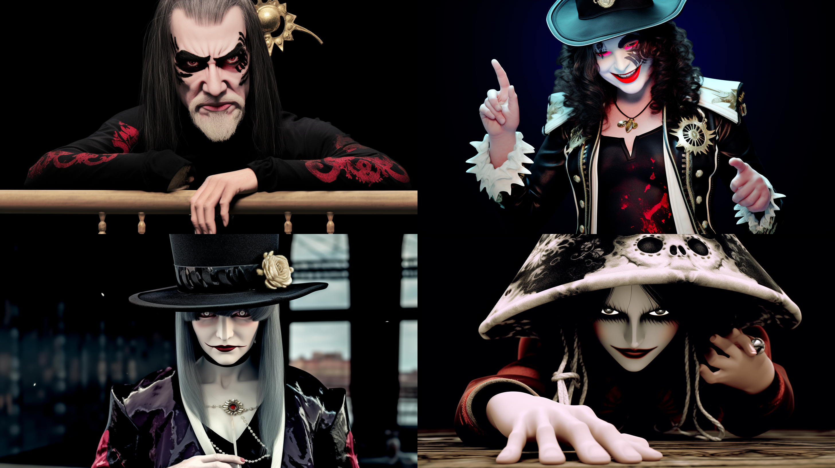 海盗船船长，黑衣服，狡黠表情，长桌对角线布局，木质桌子，海洋背景，暖色调，柔光，广角镜头，双手撑桌，自信微笑，权威氛围。