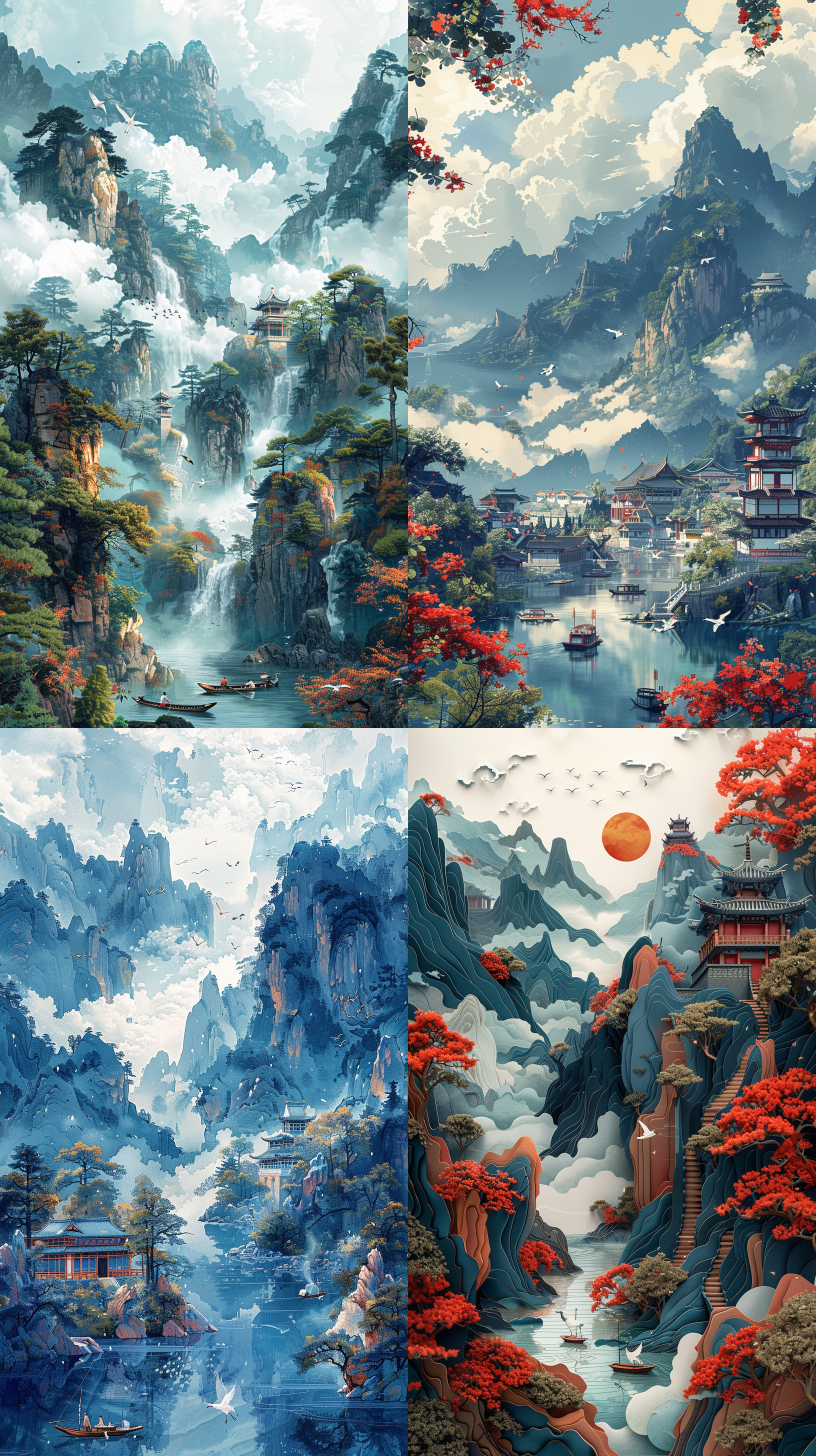idle clouds, small boats, mountains and rivers, streams, rivers, pine trees, white cranes, ancient chinese architecture, blue background chinese illustrations, multi-dimensional paper patchwork,chinese architecture, big scene, big perspective, paper style, morandi color,neoclassicism, stereogram, uhd, super detail, uhd, high details, super detail, high quality