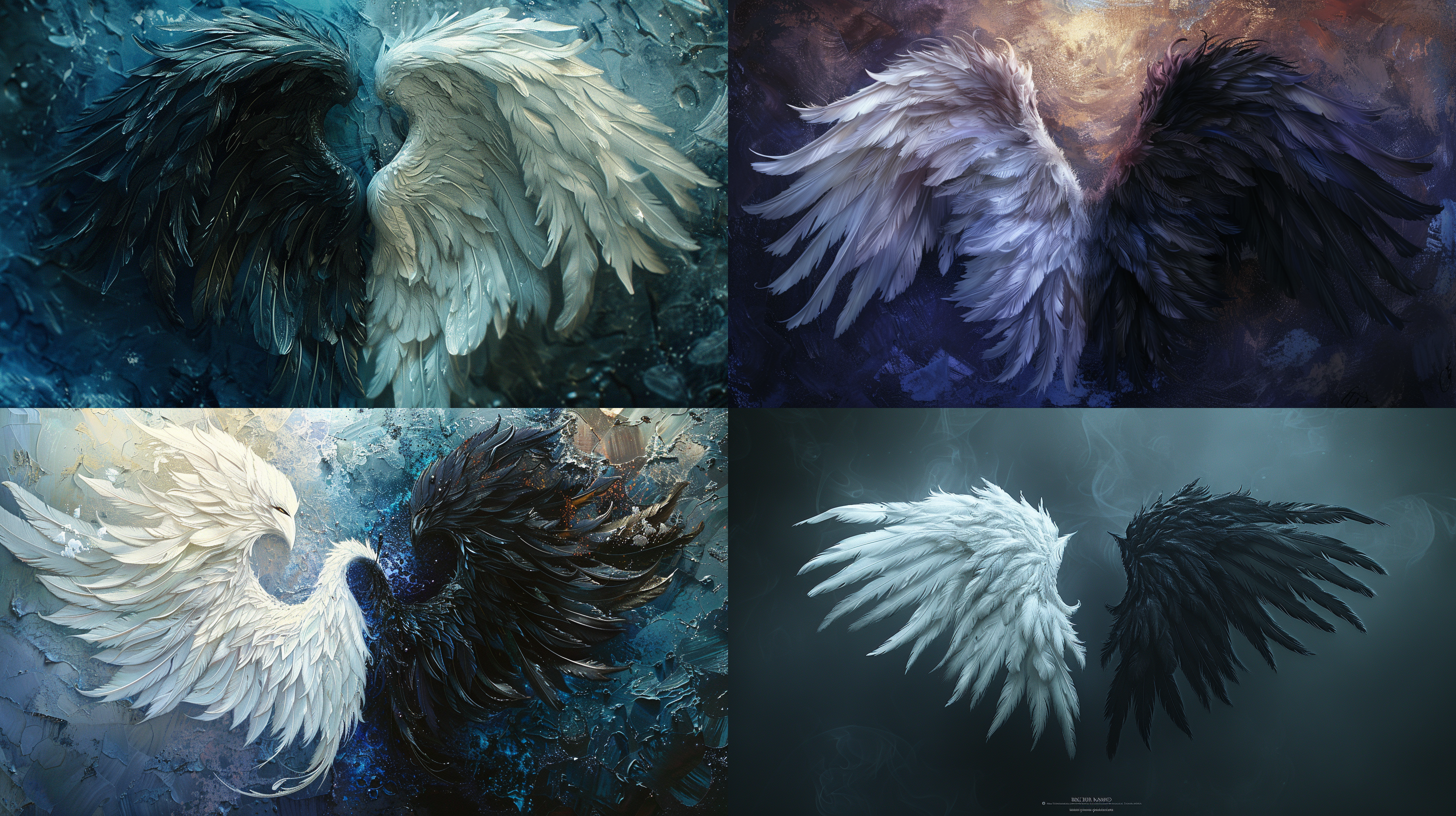 imagine a pair of majestic wings, one shrouded in pure white feathers that seem to radiate light, the other side draped in deep black feathers that absorb all light, both sides intricately detailed with delicate veins and a shimmering iridescent sheen, set against a high-resolution, ethereal background that complements the contrast of the wings