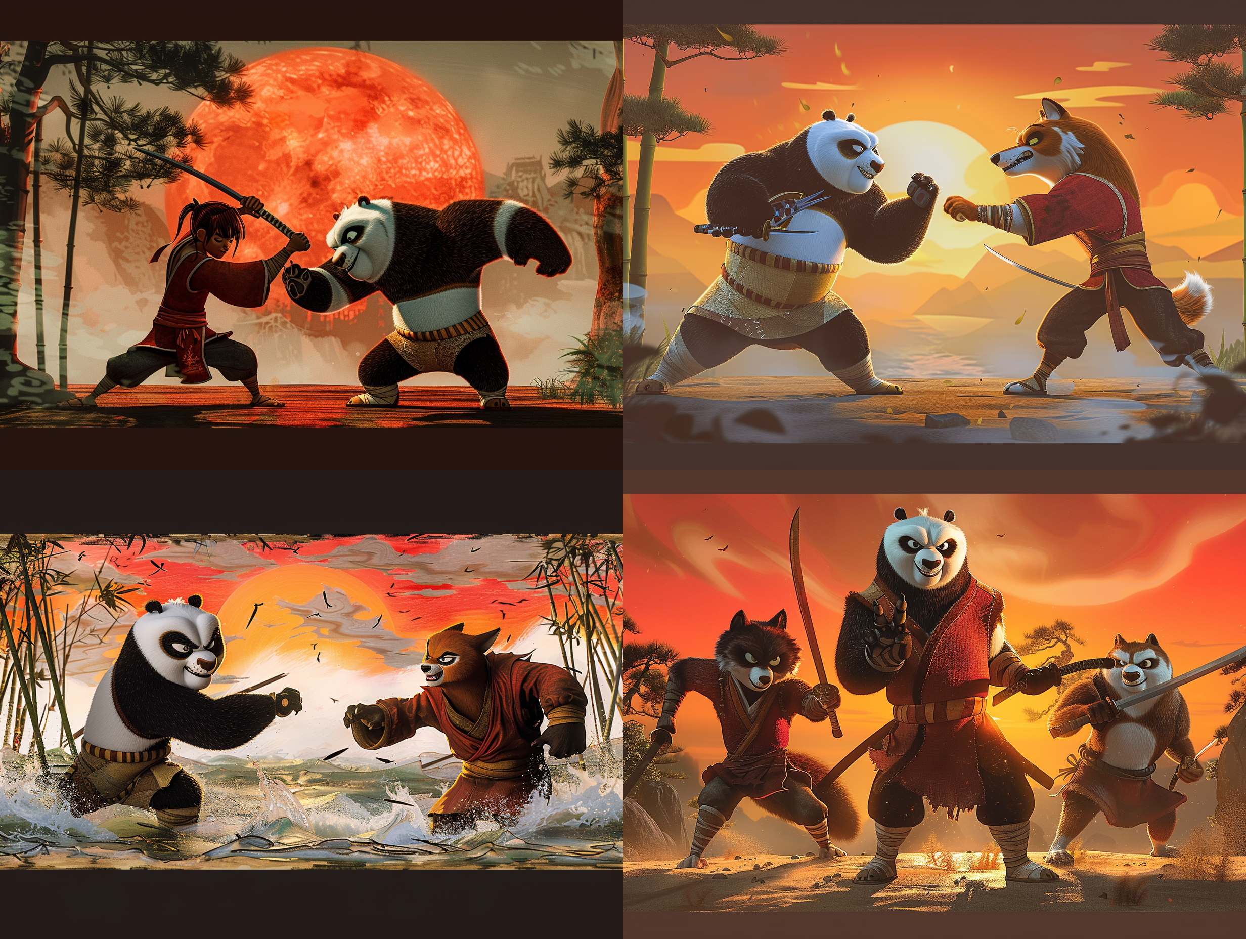 功夫熊猫与强大的狼激烈对抗，剪影交锋，背景是夕阳映红天空，戏剧性漩涡云，风中摇曳的竹林，象征善恶之战，动态构图，现代风格插画，引人入胜。剪影，夕阳，戏剧性，竹林，善恶对抗，动态构图，现代风格插画。