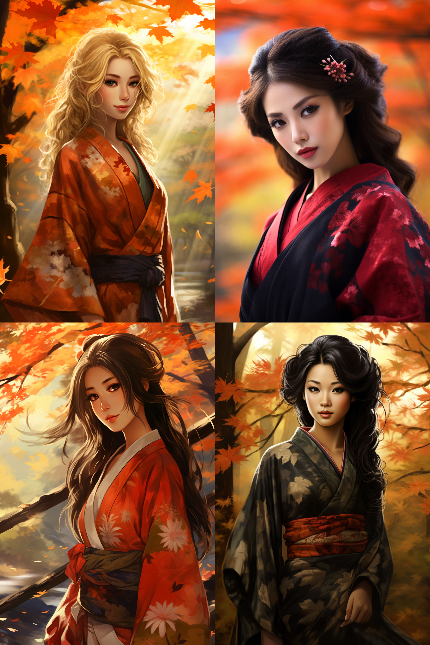 和服女孩，枫林背景