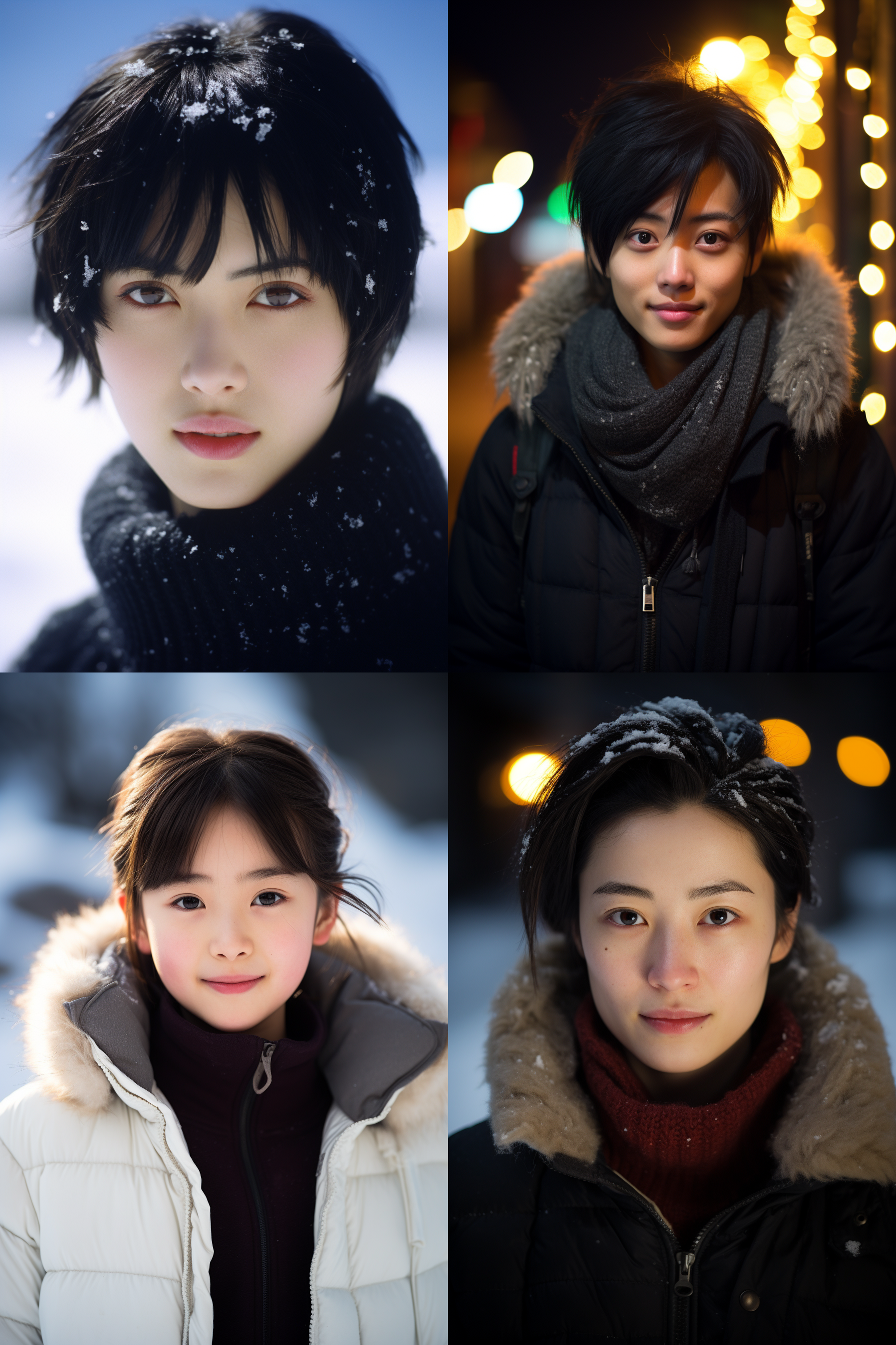 中国女孩短发人像，冬季户外，明亮环境，超高清摄影图 肖像，雪地中央，正面视角，中等焦距，自然光，微笑，清晰眼神，蓝色外套，红色围巾，自然色调，温暖情感。