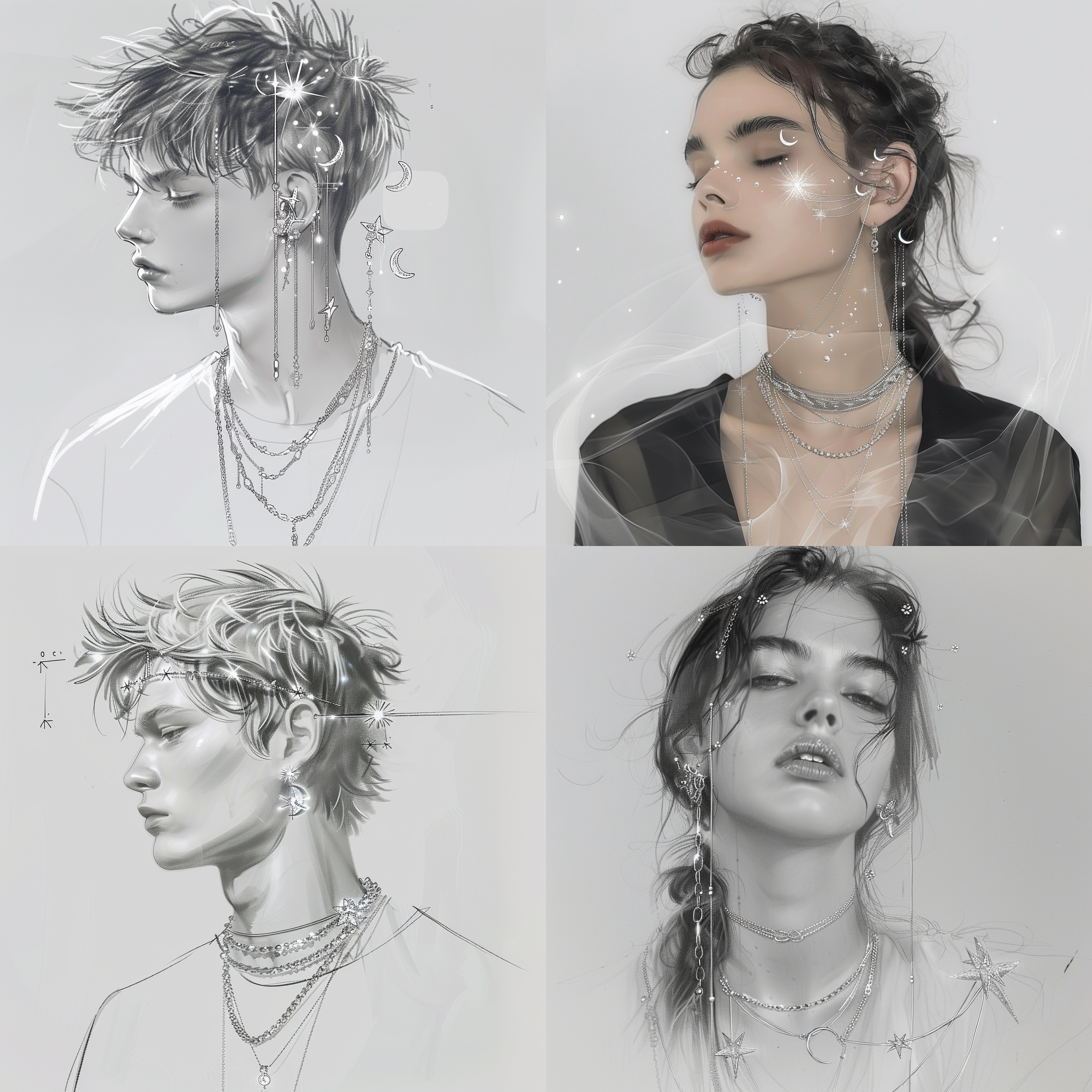 killua zoldyck made of jewlery, neck up, three moons, killstar, a diagram, fig. 1, head piece, blurry image, twinkling stars, highly detailed sketch, christian art, qvc, 2 0 2 0 fashion, left ear, loosely cropped, dainty, chain, chris bangle