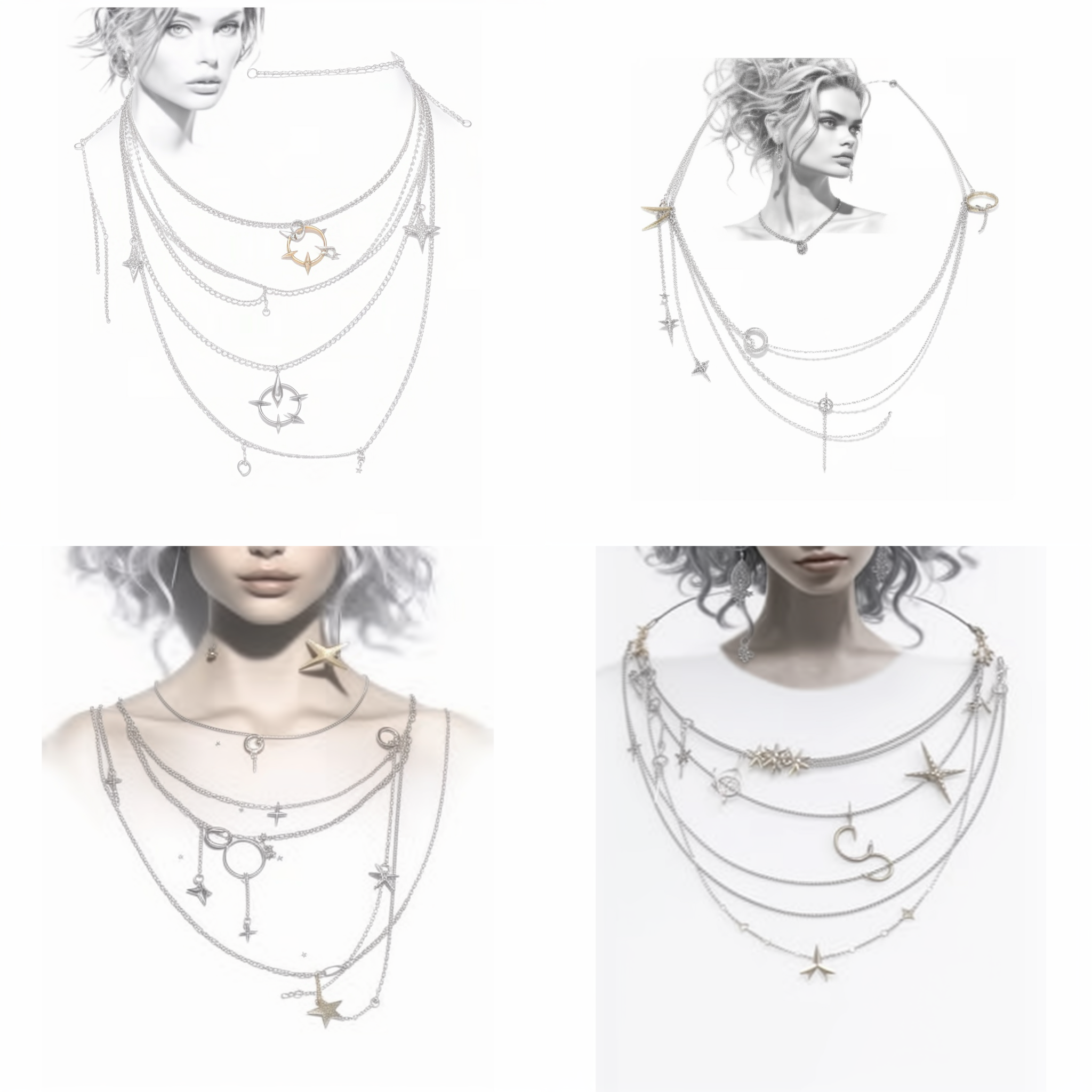 killua zoldyck made of jewlery, neck up, three moons, killstar, a diagram, fig. 1, head piece, blurry image, twinkling stars, highly detailed sketch, christian art, qvc, 2 0 2 0 fashion, left ear, loosely cropped, dainty, chain, chris bangle