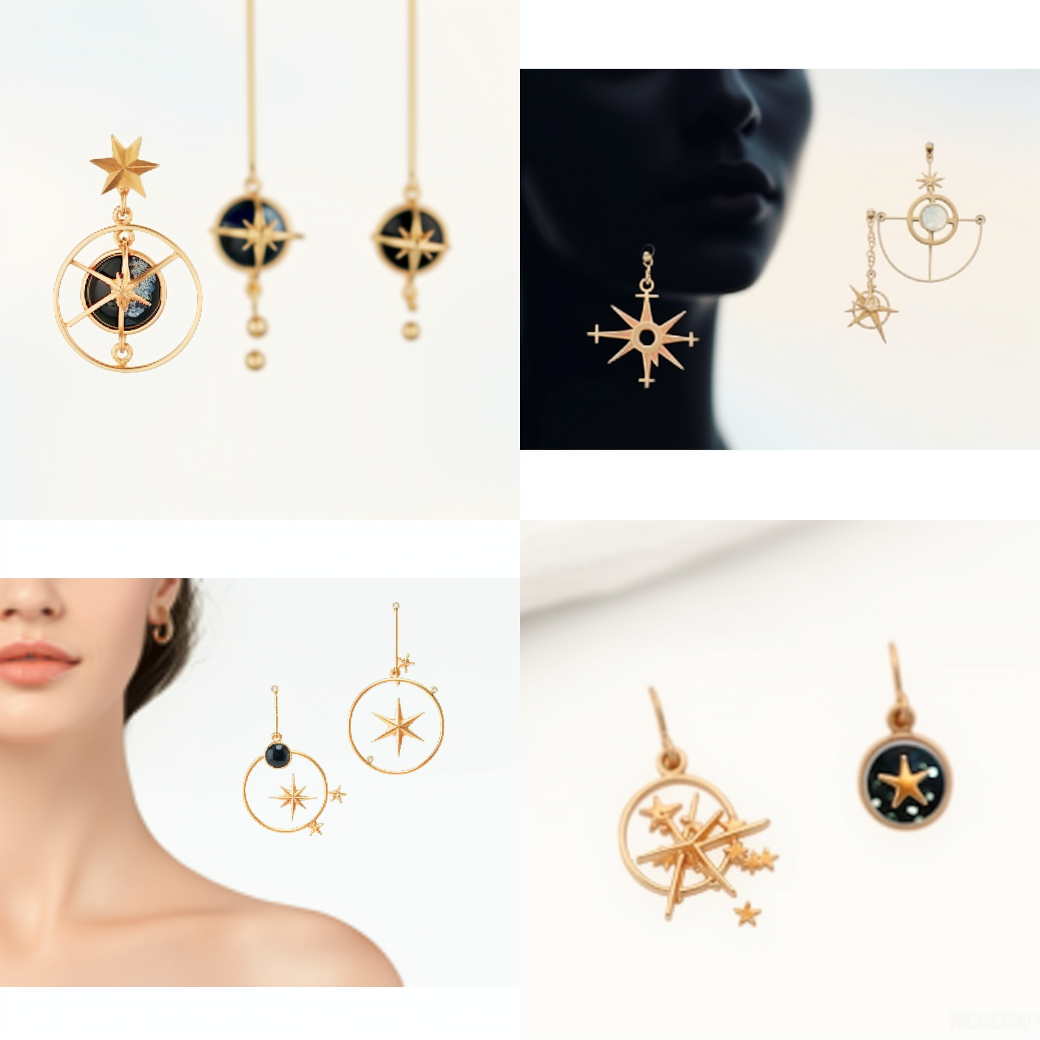 earrings, dark starry night, quasar, blurred, golden ration, sun system, blurry face, dainty, 3 - piece, anthropology