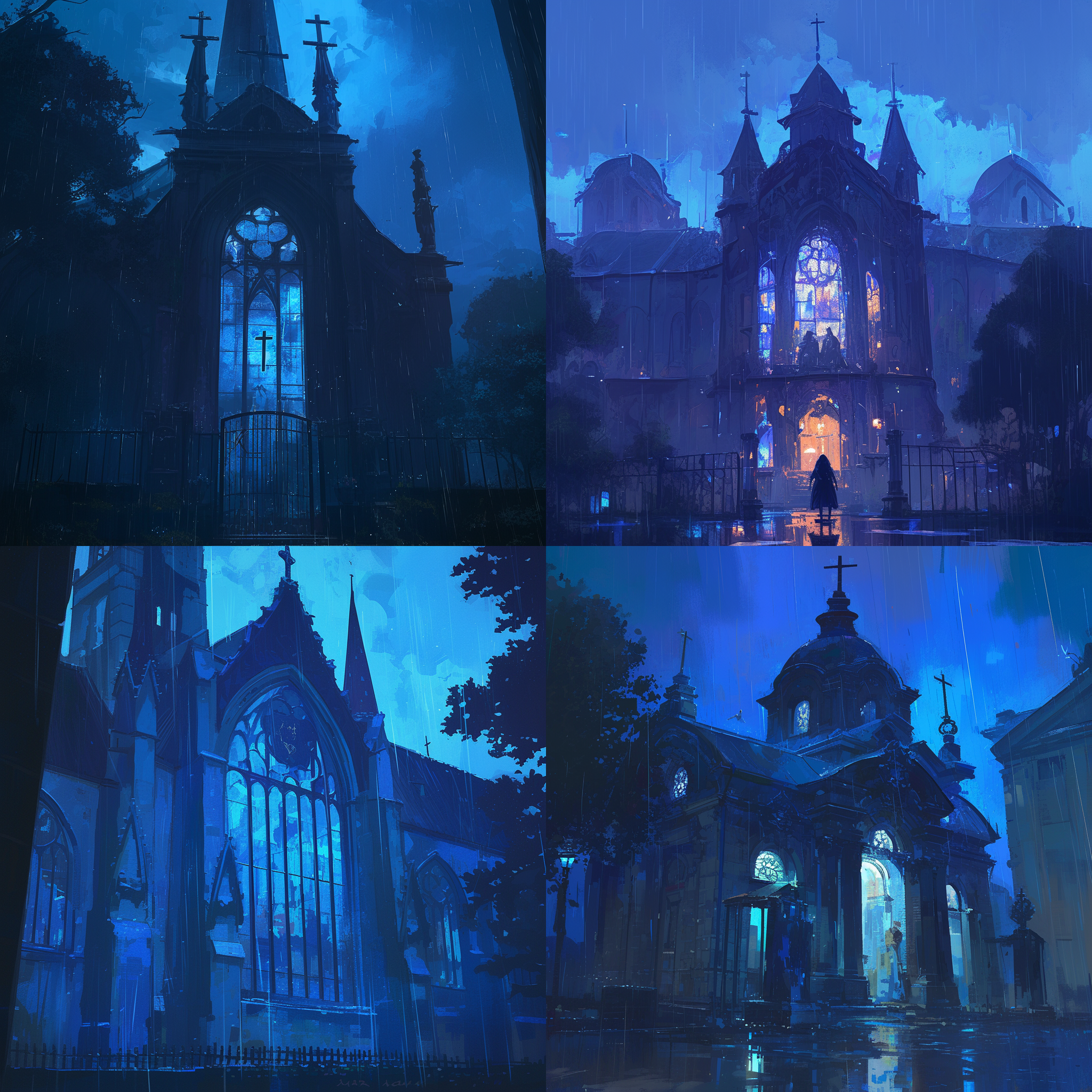 蓝色雨夜，教堂风景，古典建筑，玻璃窗，细雨纷飞，神秘氛围，暗调，长焦镜头，倾斜构图，沉静，寂静，祈祷。