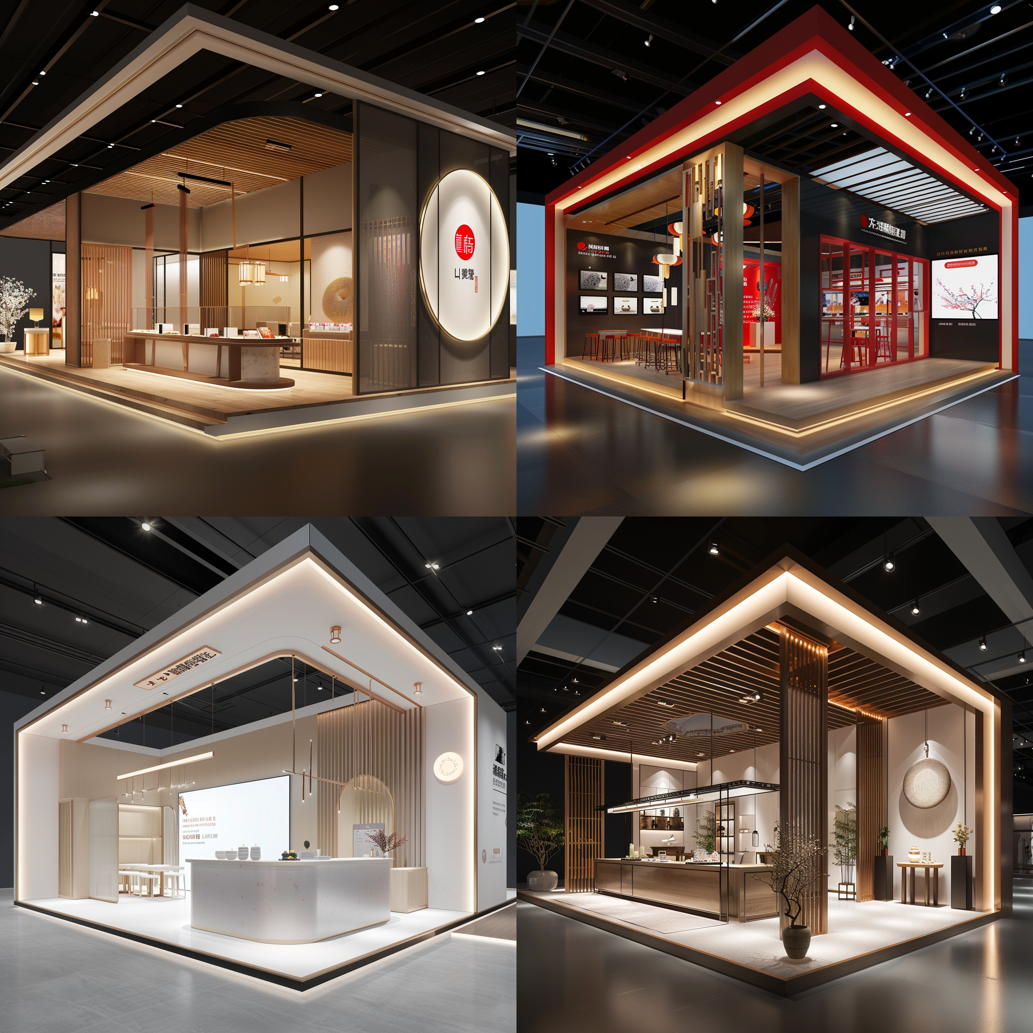 展台效果图，清爽风格，吊顶门头，产品展示，4k超高细节，氛围感浓厚，国风氛围，高清拍摄，广角镜头，明亮照明，展示动作，细节突出，视觉冲击力。