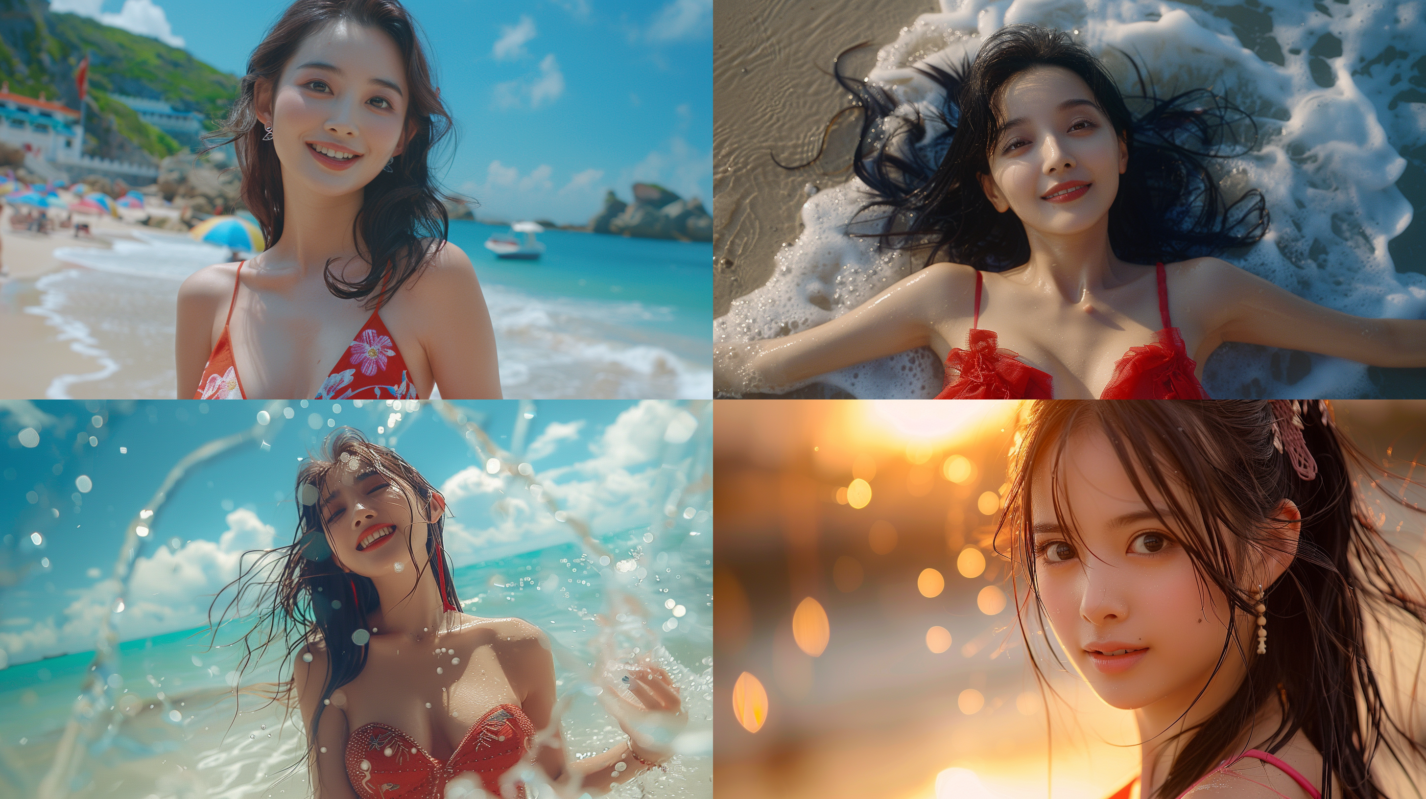 中国美女穿红色泳衣，沙滩上，披发，黑色头发，微笑，开心，大景别，明亮，暖色调，长焦镜头，自然光，静态，优雅。