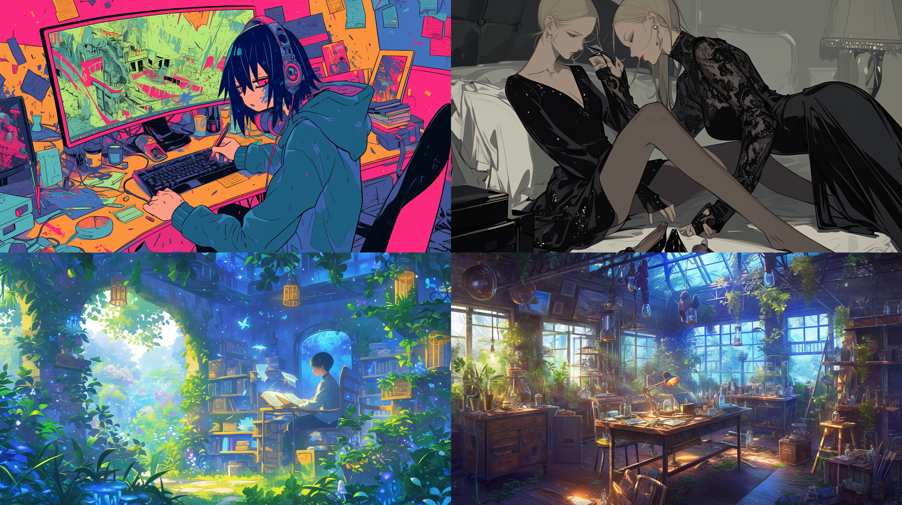 前景描绘了一个艺术场景，而中景则将女孩描绘成一个正在练习艺术的成年人。 女孩长大后从事艺术事业，现为美术馆设计师，纯色背景，神秘盲盒，明暗对比强烈，细节丰富，屡获殊荣的光洁背景，应有尽有