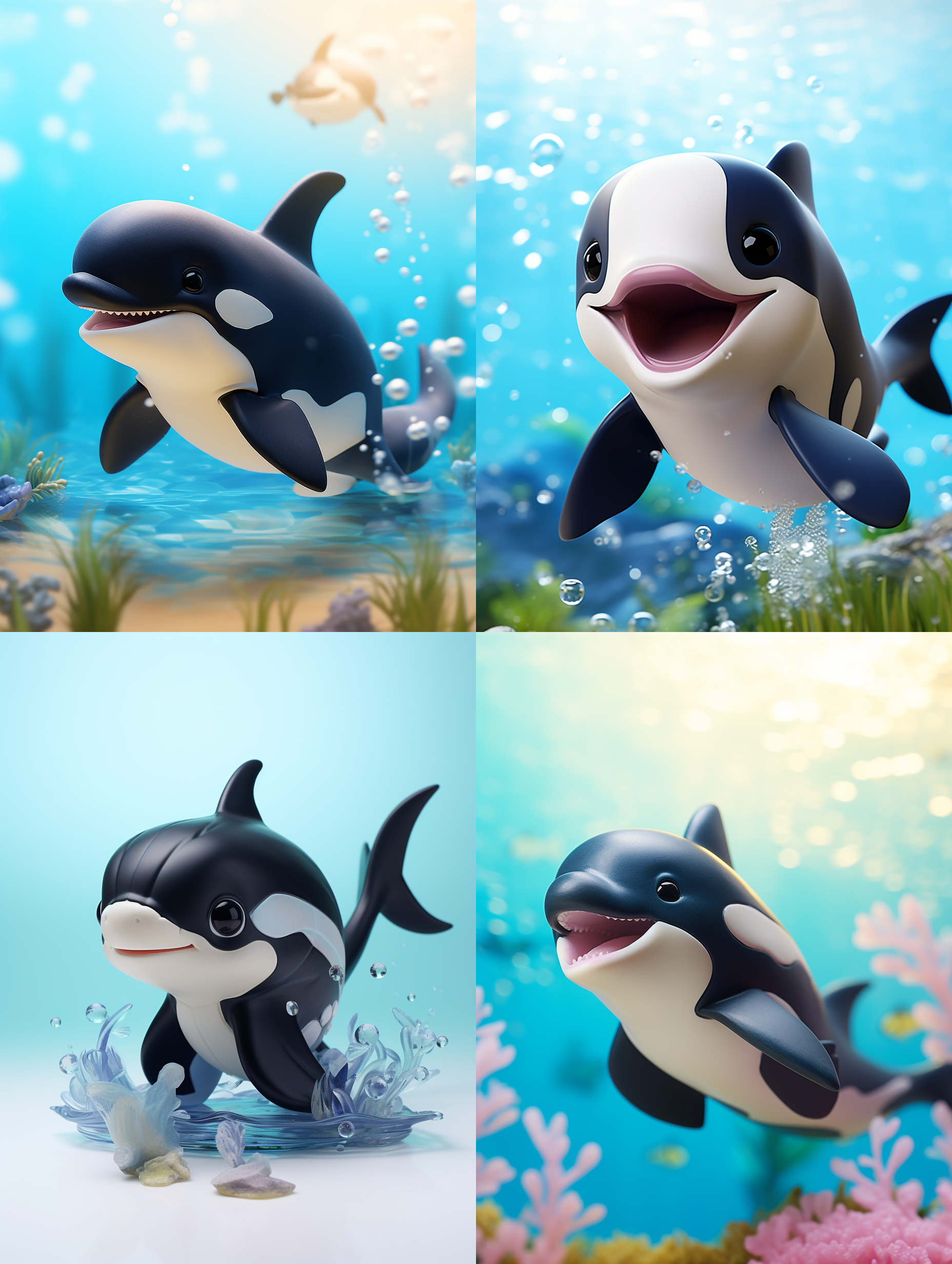 full body, a cute orca, swimming in the water in a pose with a small fish in its mouth, blind box style, toy, bjd, chibi, pvc, good lighting, 3d, oc, blender, light color background, high quality, super high detail.