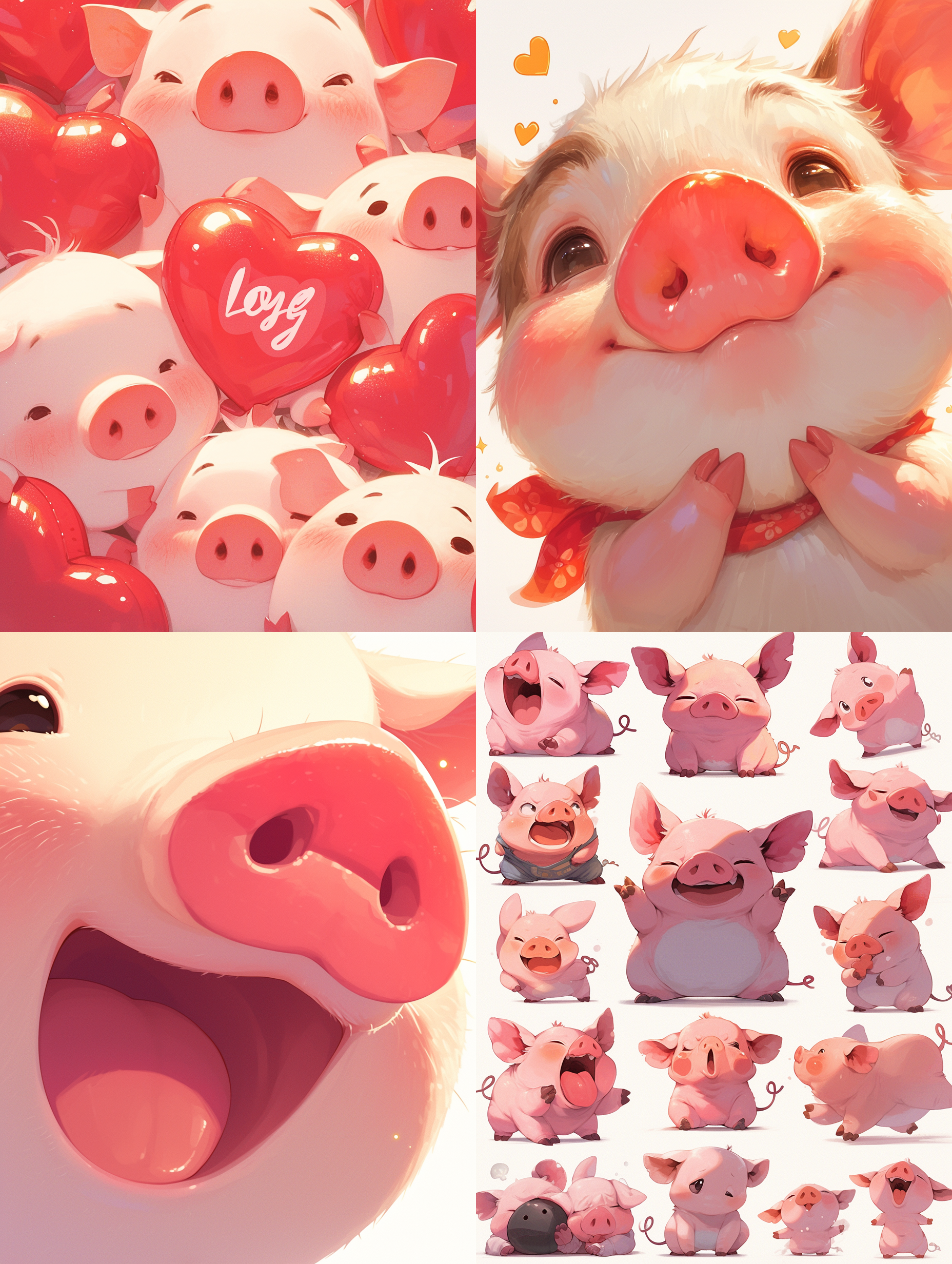 可爱小猪，面部特写，夸张动作，各种表情，白色背景，q版，贴纸设计，超高清，8k，九宫格布局，丰富色彩，活泼，微距镜头，明亮光线，生动。,