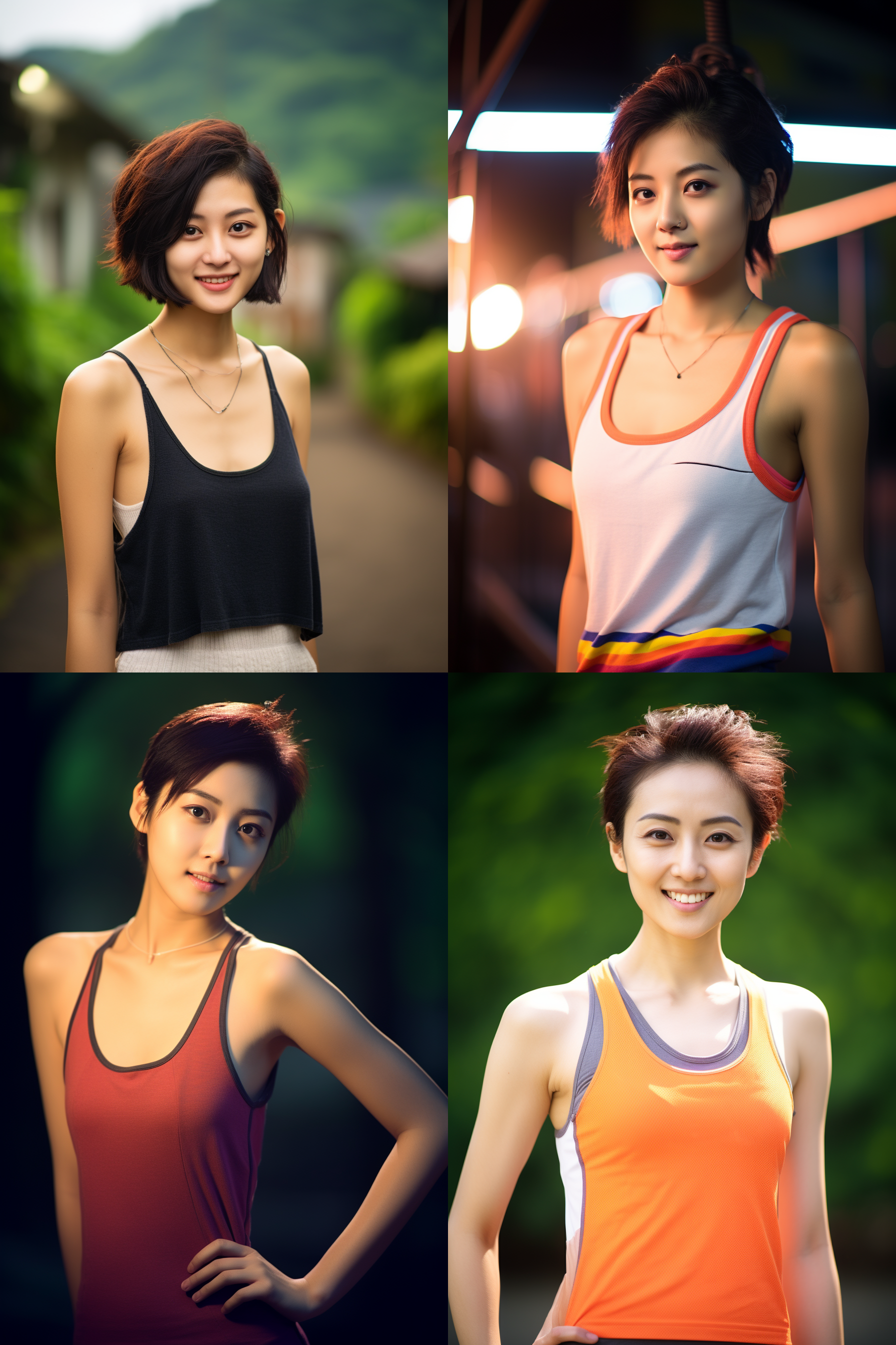 中国短发女孩，穿背心，明亮光线，摄影图 清新自然，户外风景，肖像模式，中焦镜头，微笑，自然姿态，色彩鲜艳，快门优先，放松自然