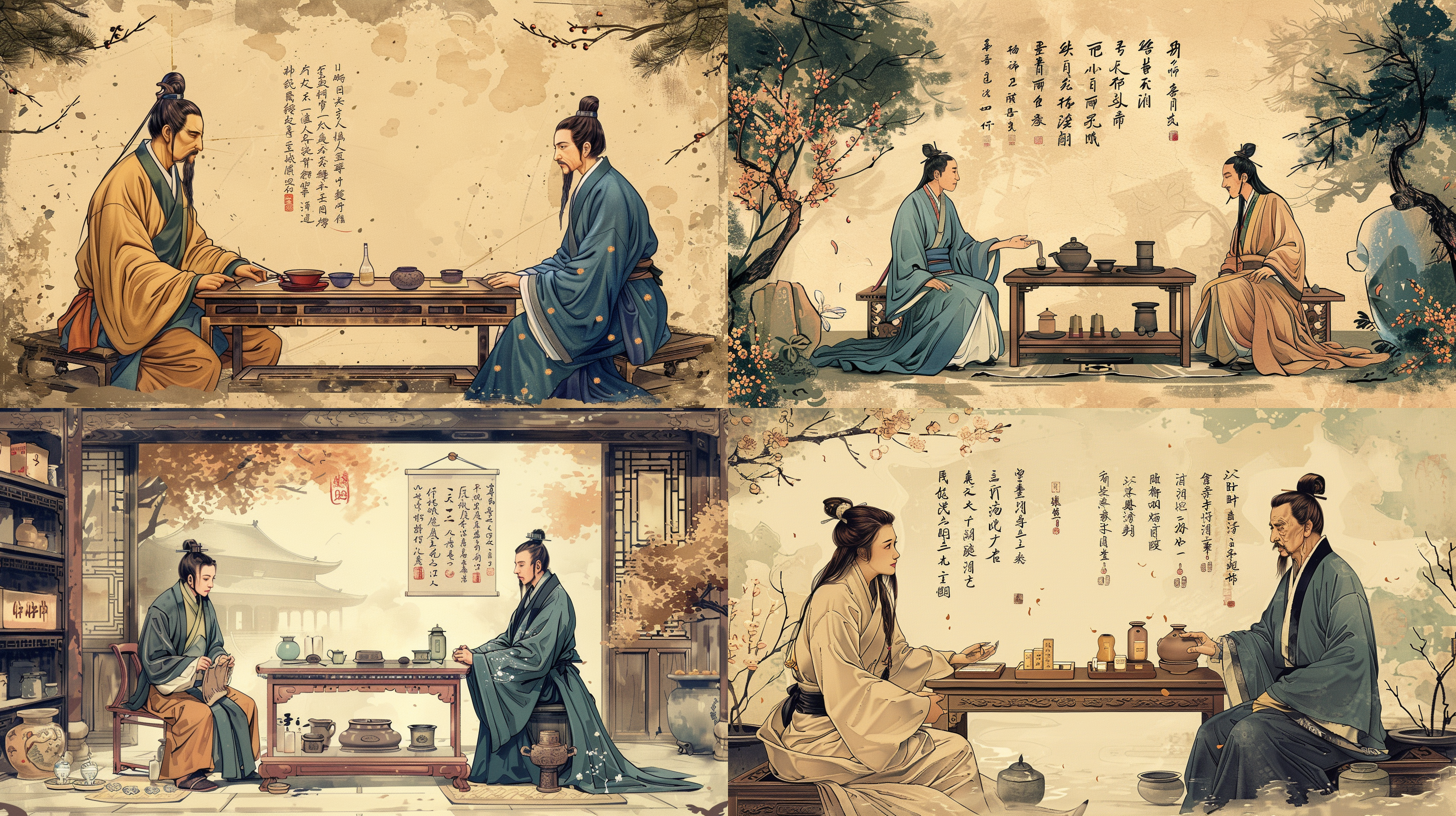 老中医为女患者会诊，2人隔着古色桌子对坐，场景在药馆，中医专注神情，古代服饰，干净背景，全景，q版插画，扁平插画，古典色调，细节描绘，肖像风格。