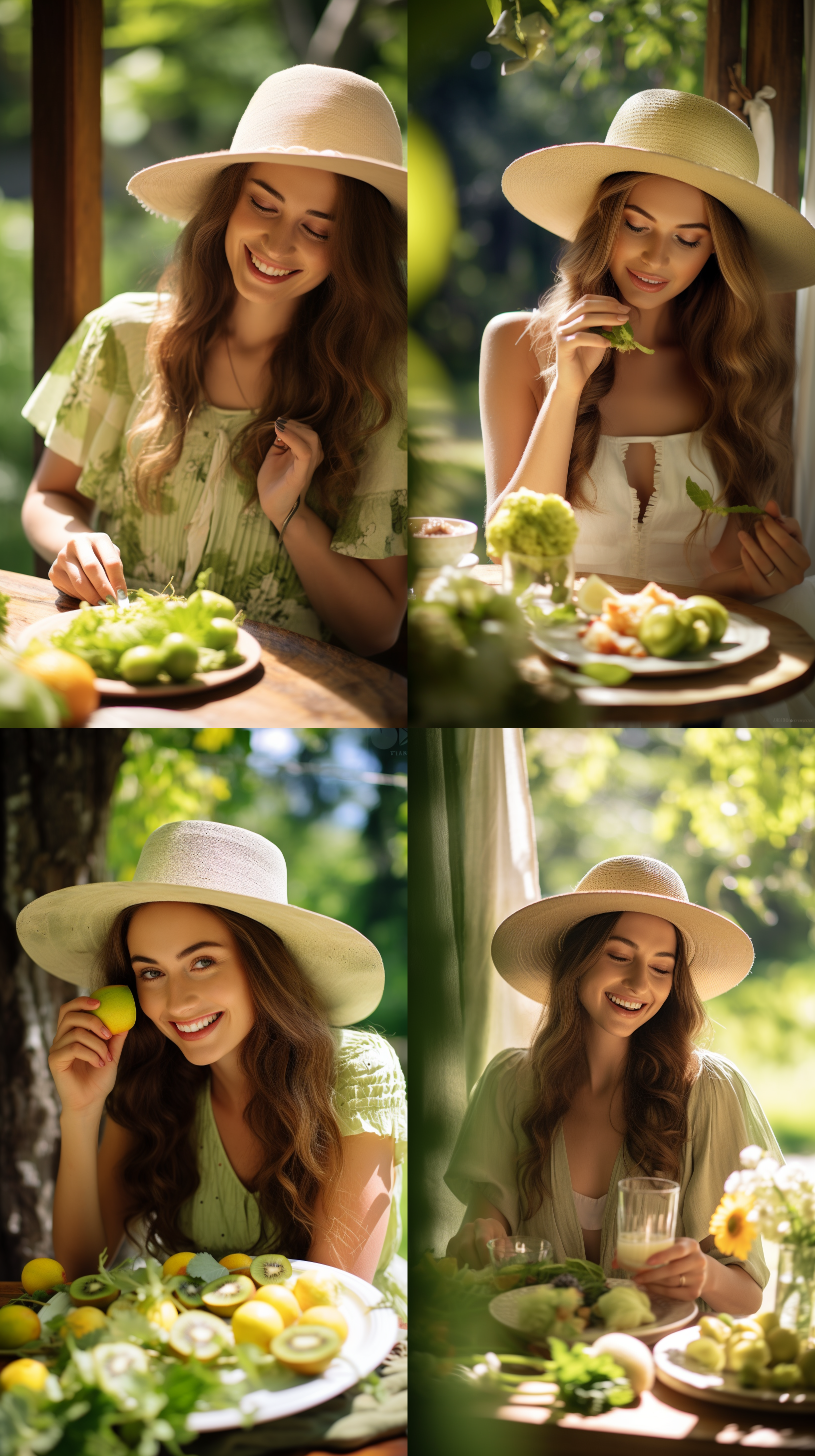 美女品尝奇异果，坐在花园的木桌旁，阳光透过树叶洒落在她身上。她戴着宽边草帽，穿着轻盈的连衣裙，微笑着将奇异果送入嘴里。照片以近景为主，背景是花朵和绿树。明亮的色彩和柔和的光线增强了女性的魅力和果实的新鲜感。时尚风格，自然环境，长焦镜头，柔光，品尝，水果，生机勃勃。