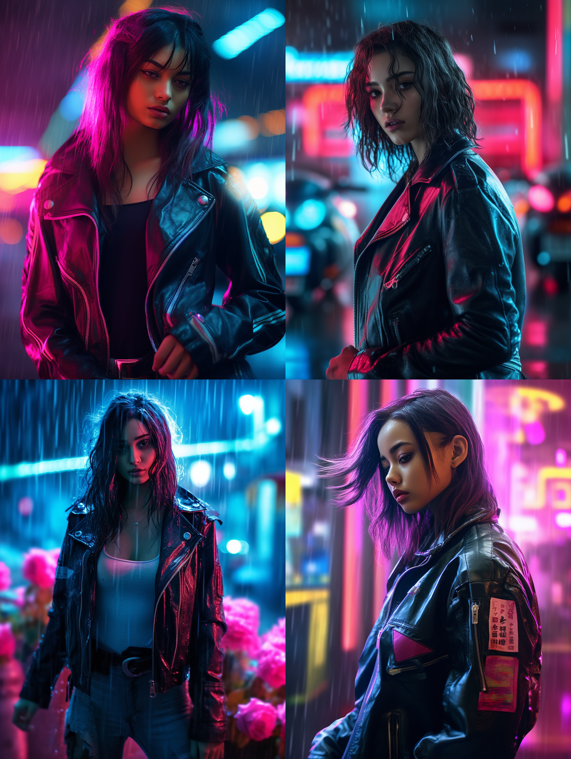 赛博朋克女孩，北京雨中，led皮衣，辛烷值渲染，weta digital，wêtà fx，wlop，电影，色彩渐变，70mm，dof，快门速度1/1000，伽马，白平衡，霓虹灯，高对比度，32k，prophoto rgb，vr，孤独，聚光灯，moody照明，硬照明，重点照明，全局照明，物质性，光线追踪，vfx，华丽。