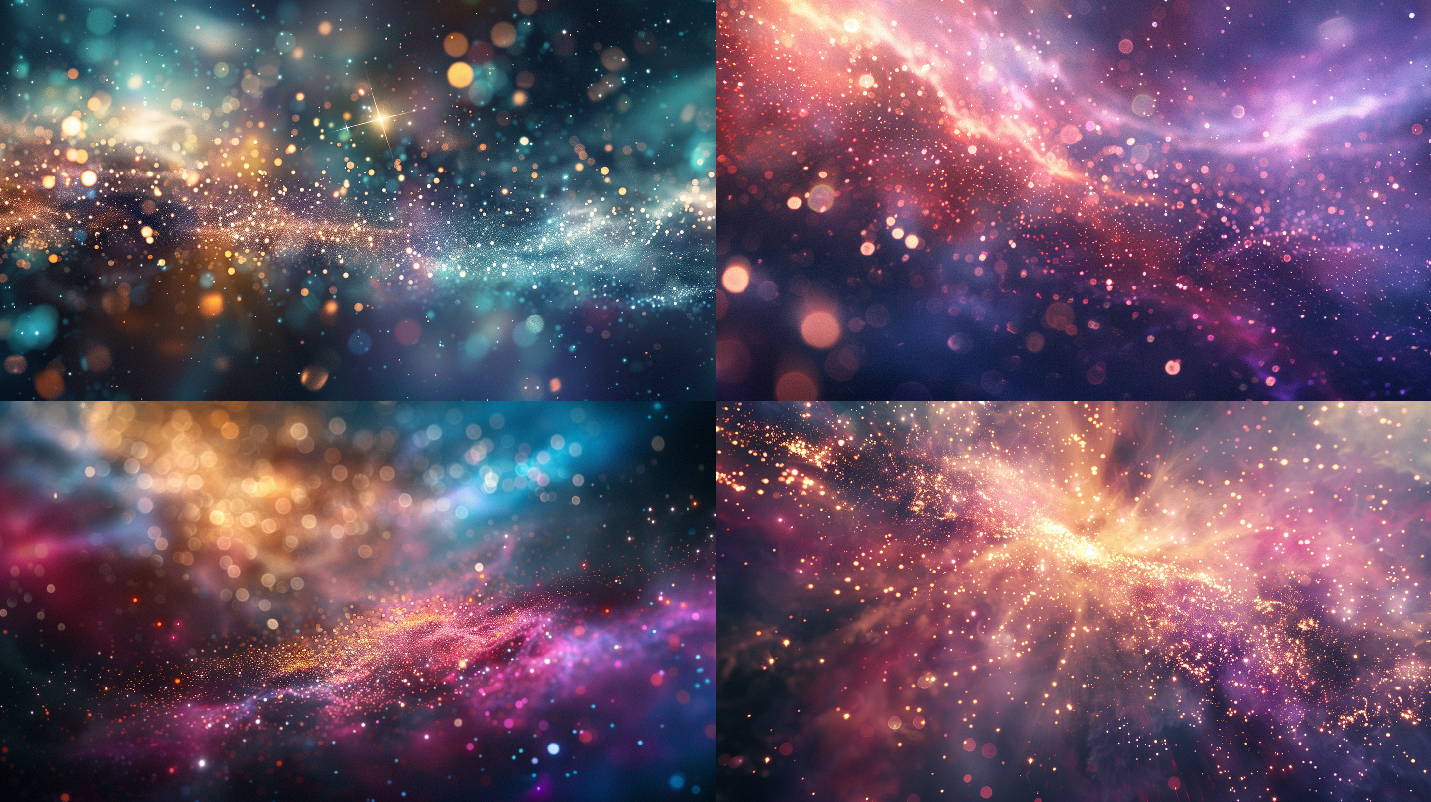 宇宙奇幻景象，神秘治愈风格，缤纷光影，璀璨粒子，抽象构图，太空背景，长焦镜头，柔和侧光，漂浮动作，多彩色调，宁静温暖情感。