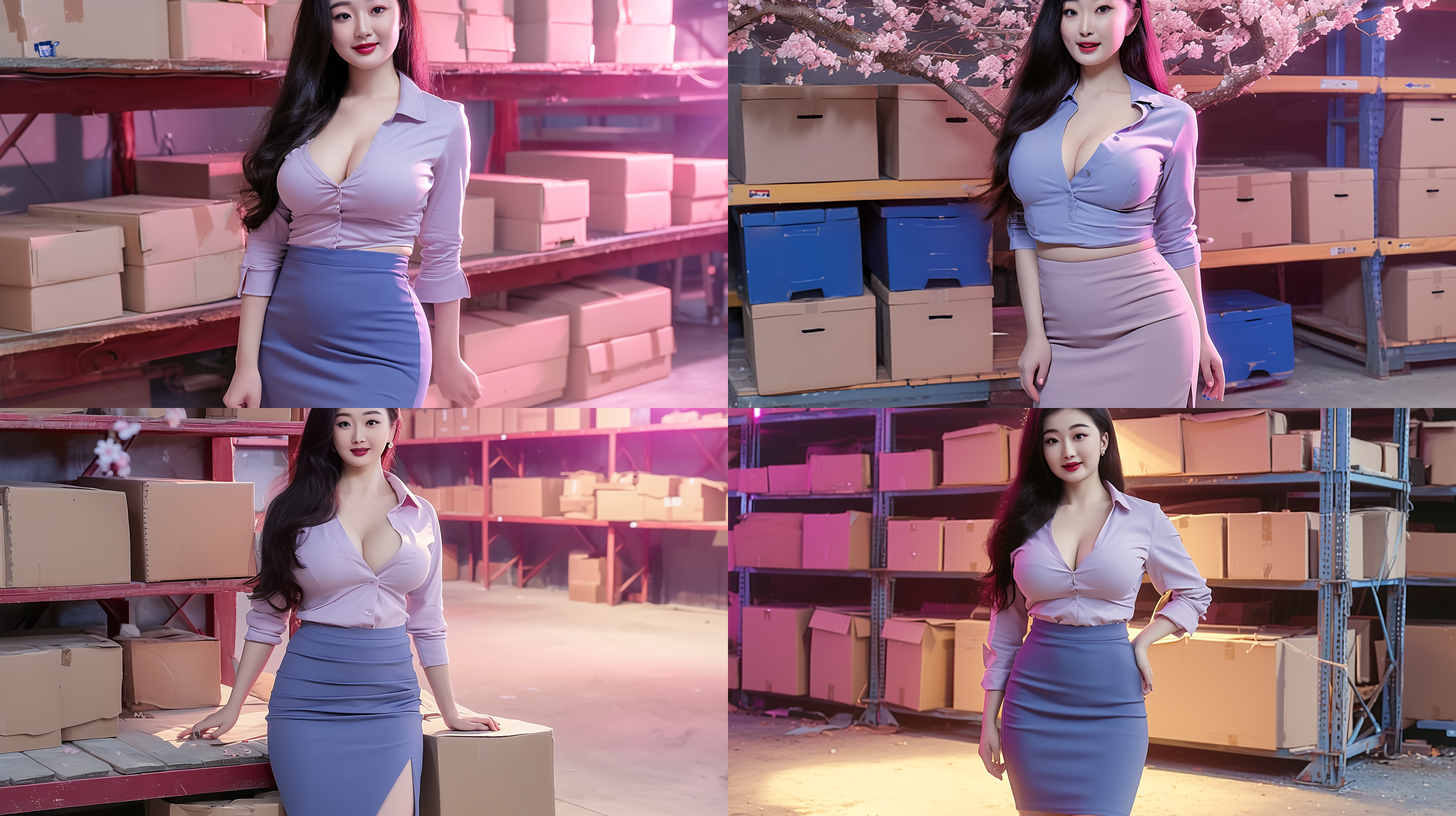 东方丰满身材的美女，穿着传统和服，站在樱花树下，微笑着看着远方。日落余晖洒在她身上，温暖色调，柔和光线，侧面构图，自然风景。