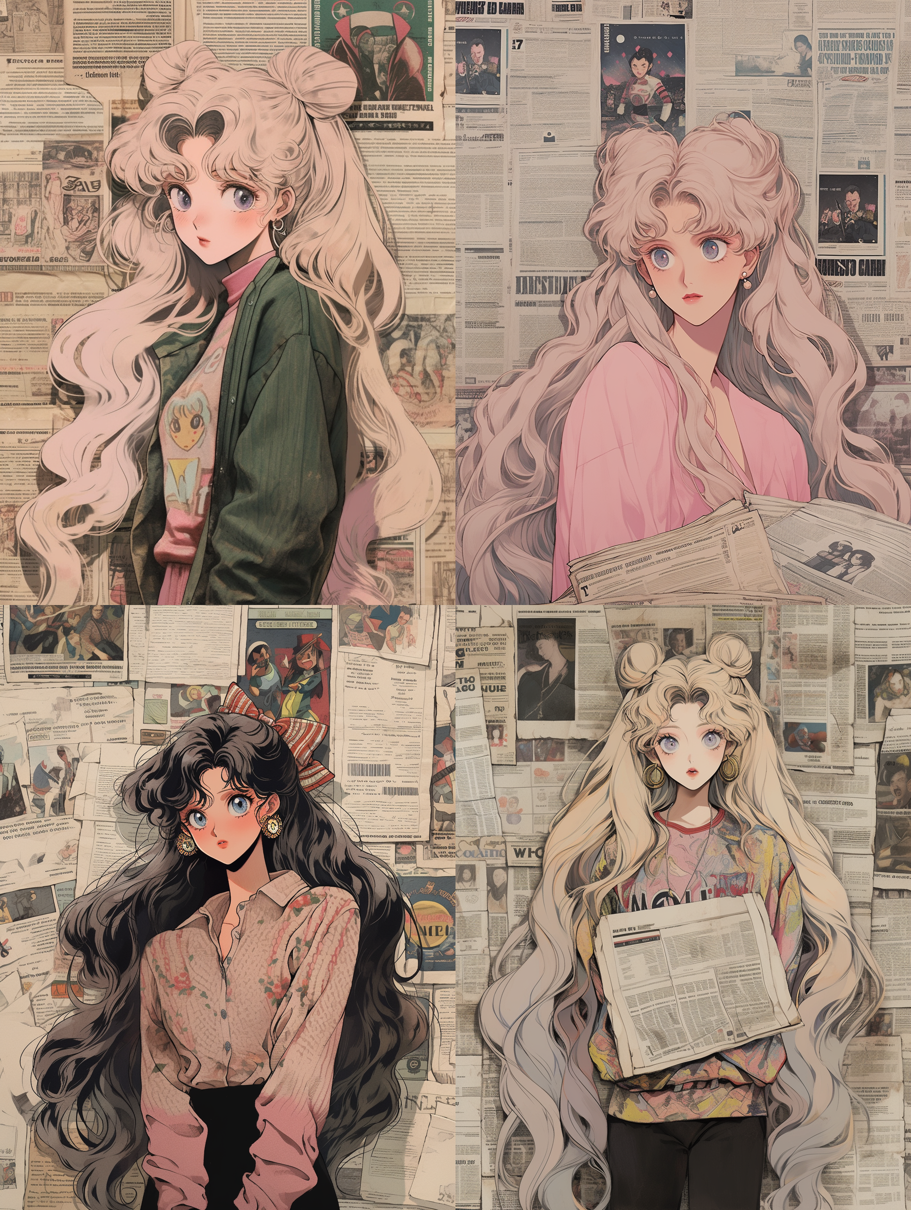 super beautiful sailor moon girl with long curly hair, sailor moon style, old fashion, retro shirt, hong kong manga girl, vintage style, background with a wall of newspapers, high detail