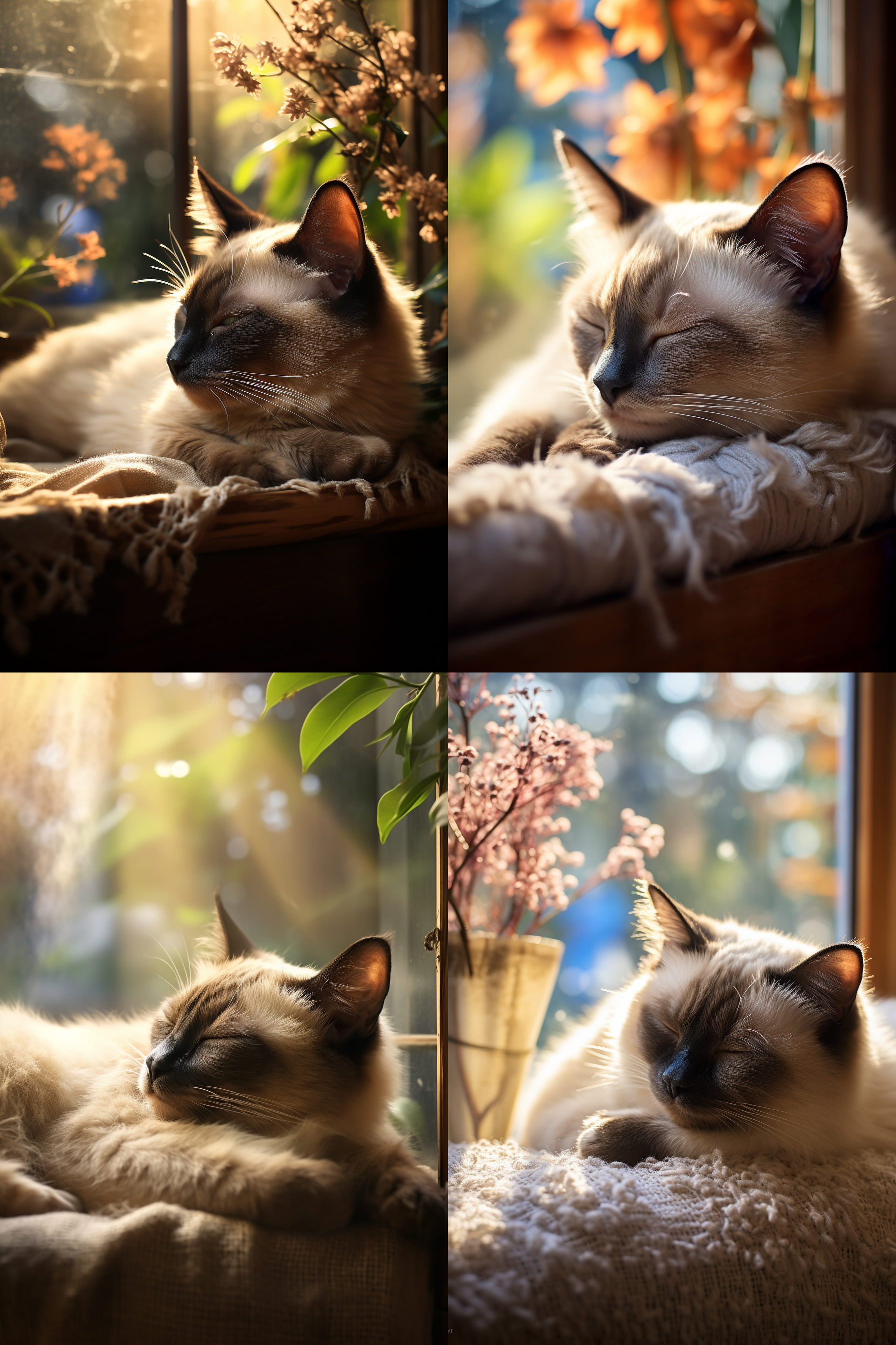 暹罗猫睡在窗台上，逆光，温暖色调，柔焦，放松，窗外景色，毛发细节，居家环境，静谧。