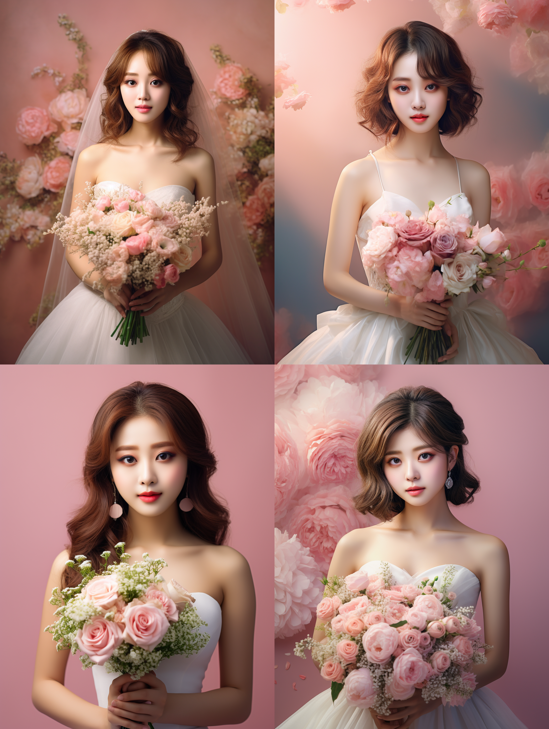 捧花，白色婚纱，粉彩背景，大眼睛，小尖鼻子，厚嘴唇，小脸，自然光，强烈的阳光，亚洲，韩国，可爱的韩国女孩，女孩抱着捧花，照片逼真，细节精美，8k，清晰，明亮，柔和色调，微笑，幸福。