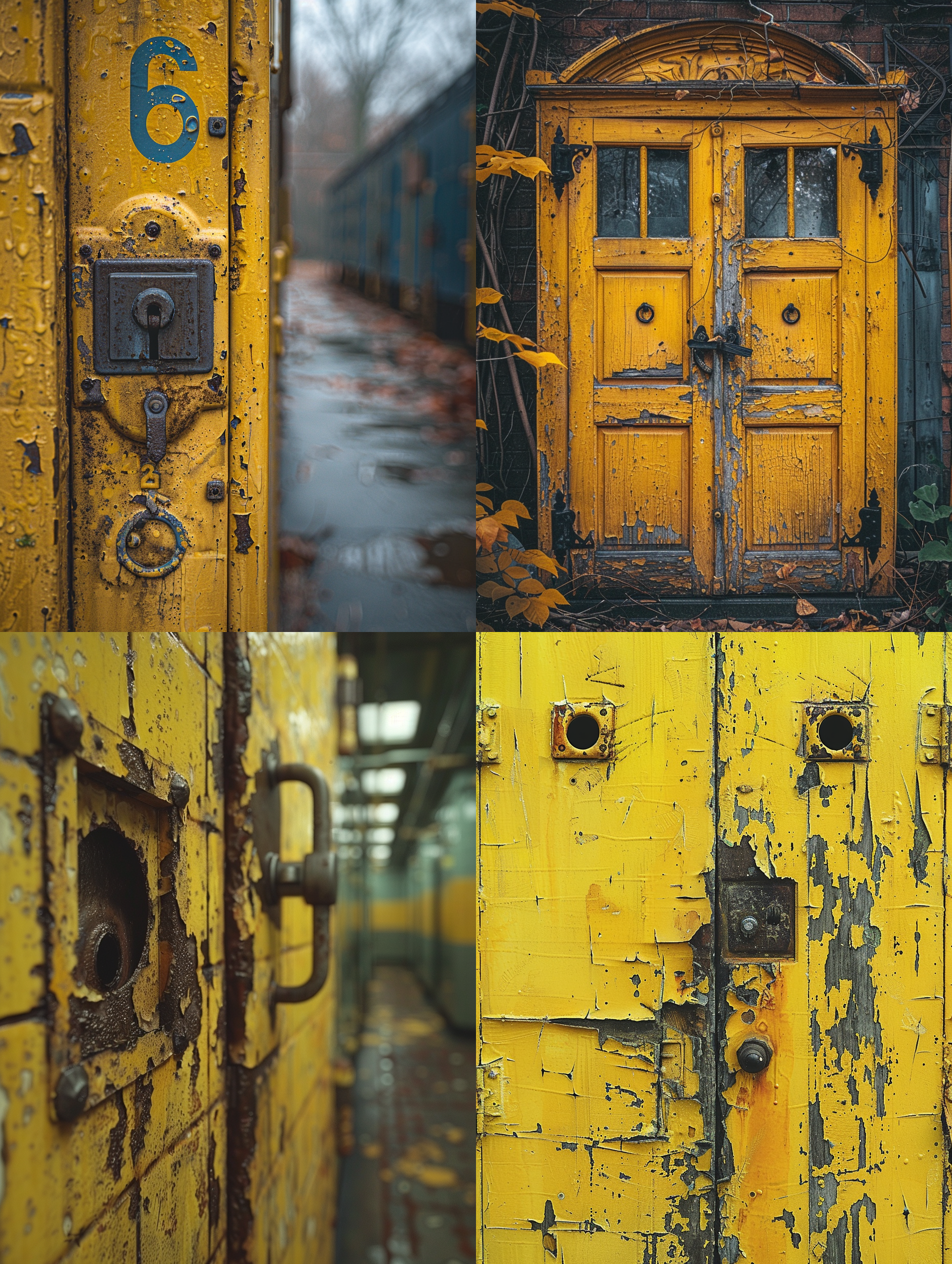 坏掉的黄色宿舍衣柜门，两个柜门，一个坏掉并掉下来，带锁孔，静态构图，室内环境，暖色调，中焦镜头，侧光，静态，破旧感。