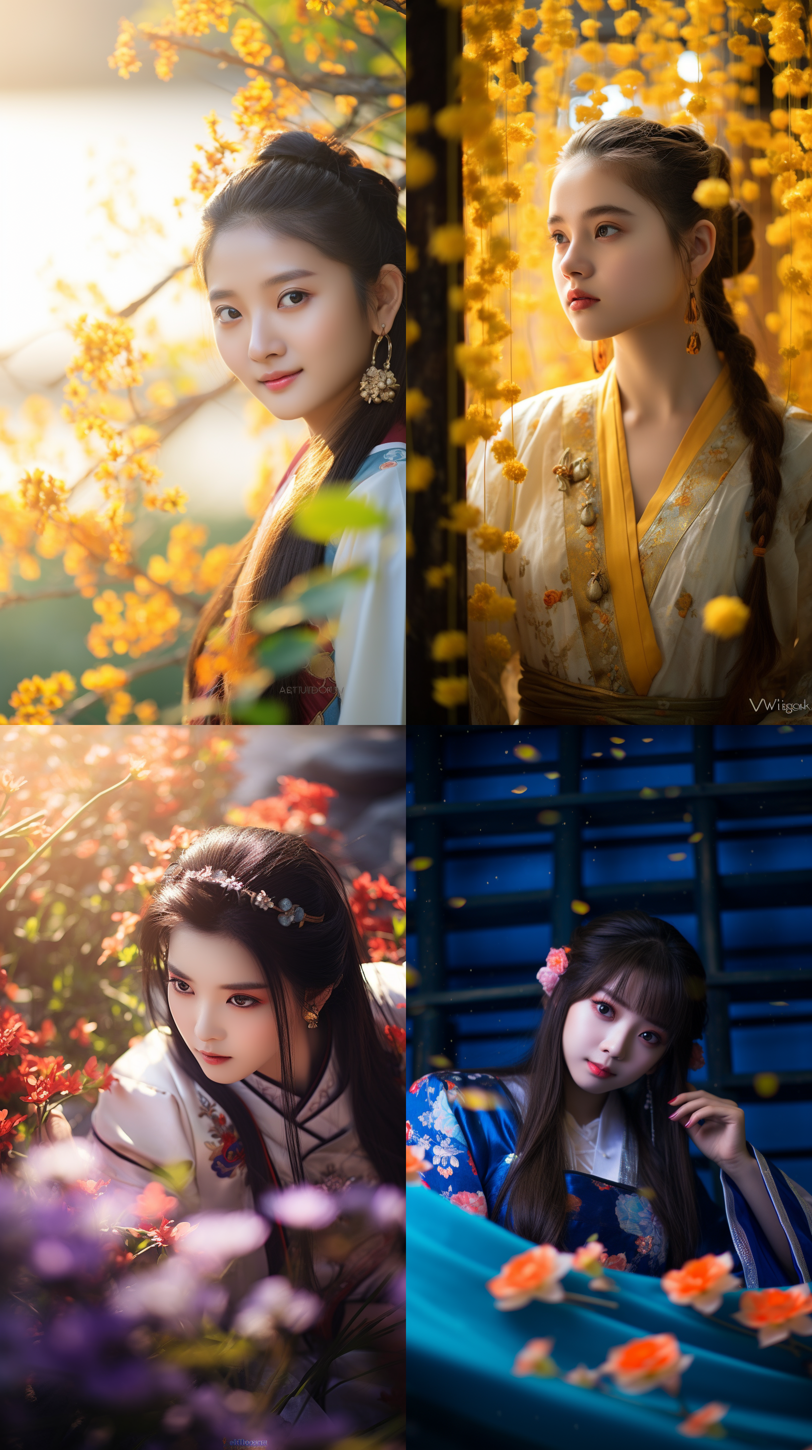12岁中国女孩，肖像镜头，明亮光线。她站在花海中央，身穿传统汉服，微笑着抬头向前看。花海绚丽多彩，繁花盛开，阳光透过树叶洒下，照亮了她的脸庞。青春活力与温婉优雅交相辉映，展现着她的自信与美丽。
